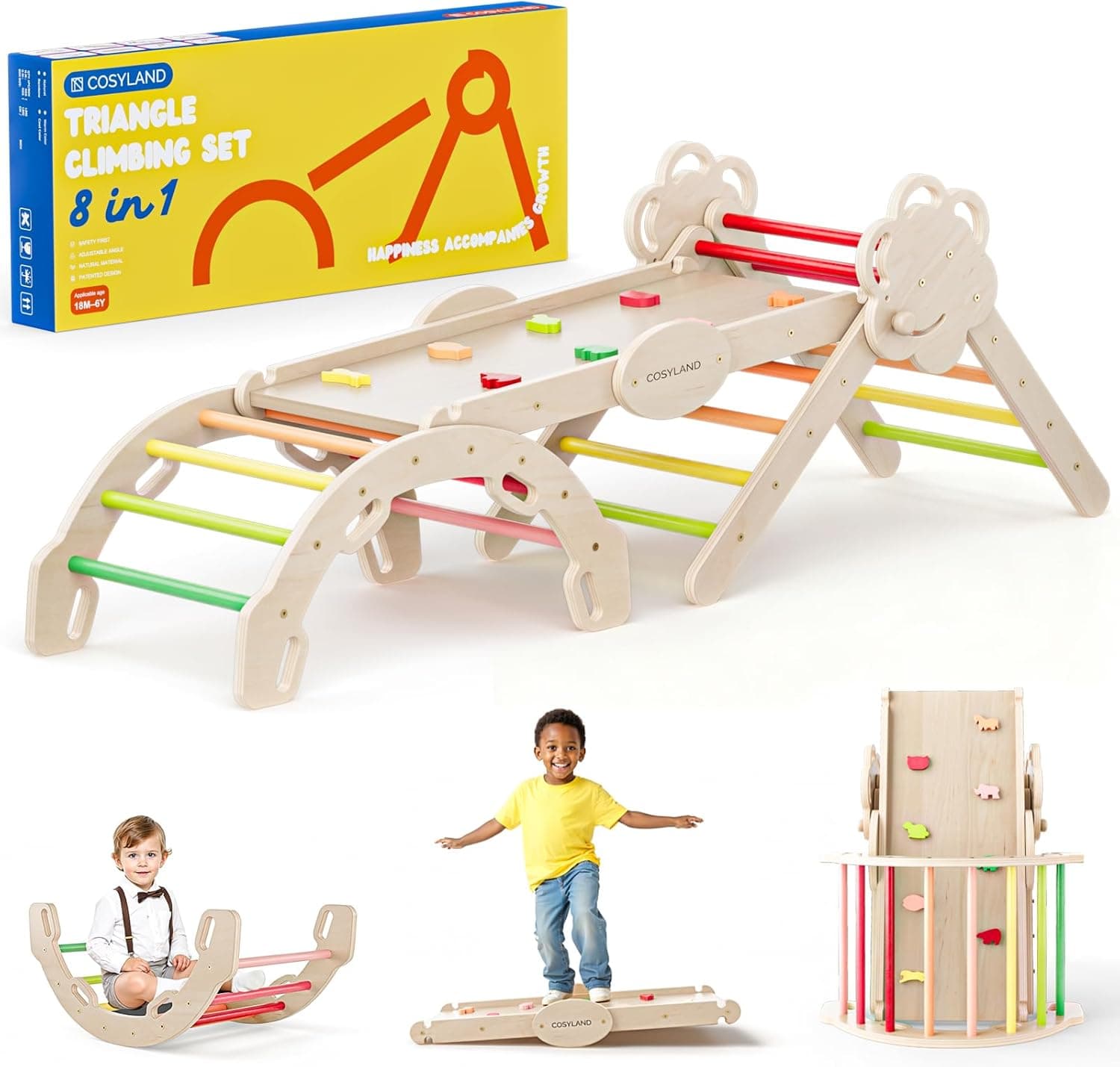COSYLAND 8 en 1 Triángulo de Escalada Montessori con Arco y Rampa, Set Plegable Infantil, Juguete de Madera Resistente para Interior, Niños 18 Meses-6 años, Natural/Tonos Cálidos, Grande