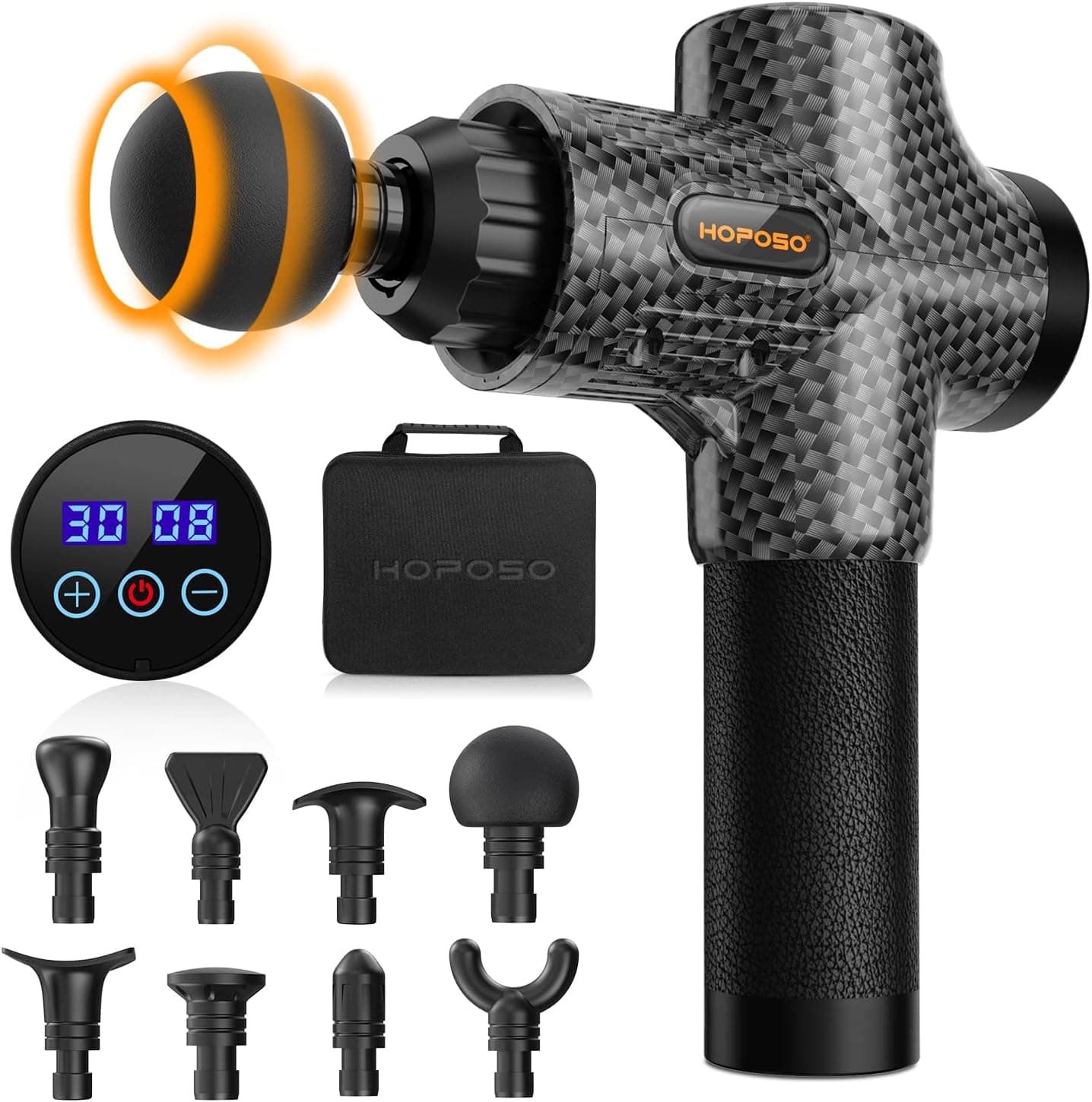 Pistola de Masaje Muscular, Eléctrica Masajeador de Músculos de Tejido Profundo Hasta 4800 RPM, 30 Velocidades, 8 Cabezales, Pantalla LCD Táctil, Carga Tipo C(Negro Carbón)