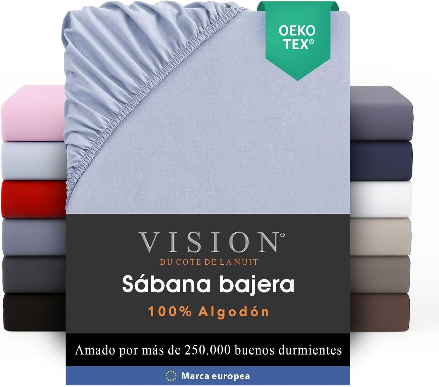 VISION Sábana Ajustable - 100% algodón - Cama Doble (140 x 190 cm) - Esquinas elásticas - Se Adapta a colchones de hasta 25 cm - Certificación Oeko-Tex - Lavable a máquina - Color: Gris Perla