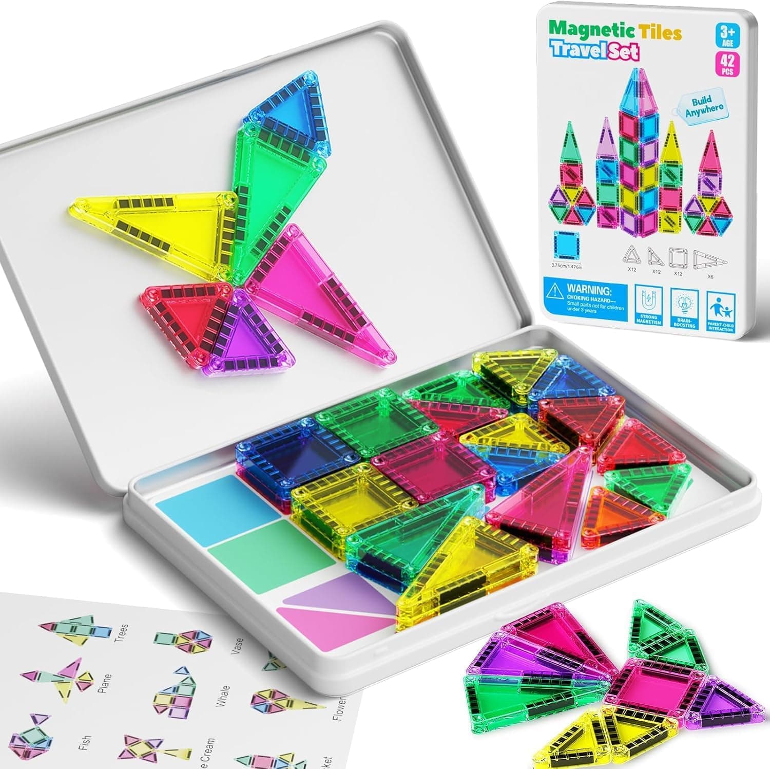 Juego de construcción de azulejos magnéticos, juguetes de viaje para niños, portátil, mini azulejos magnéticos, juego de construcción magnético, juguete Montessori (42pcs losetas magnéticas)