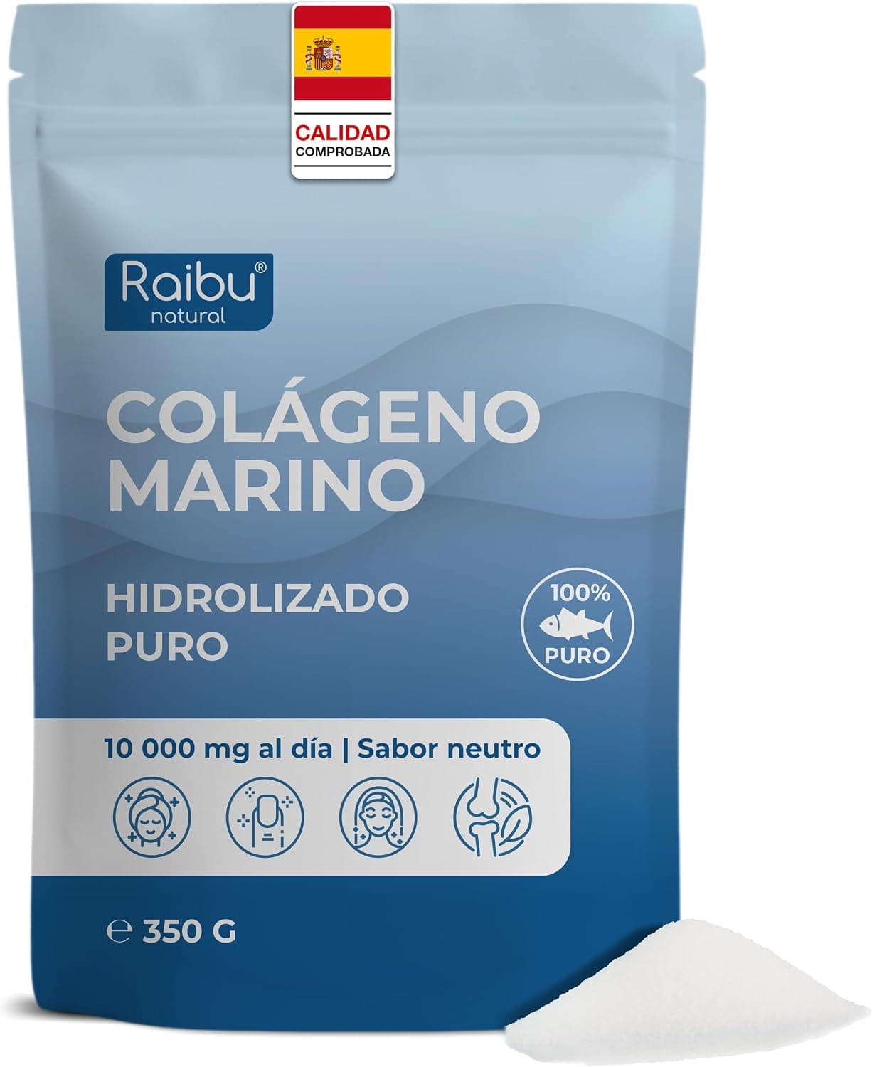 Colágeno Marino en Polvo - 100% Puro, 10.000 mg de Péptidos de Colágeno Hidrolizado Tipo I - Suplemento para la Piel, el Cabello y las Uñas - Sin Sabor, Sin Gluten, Sin Azúcares
