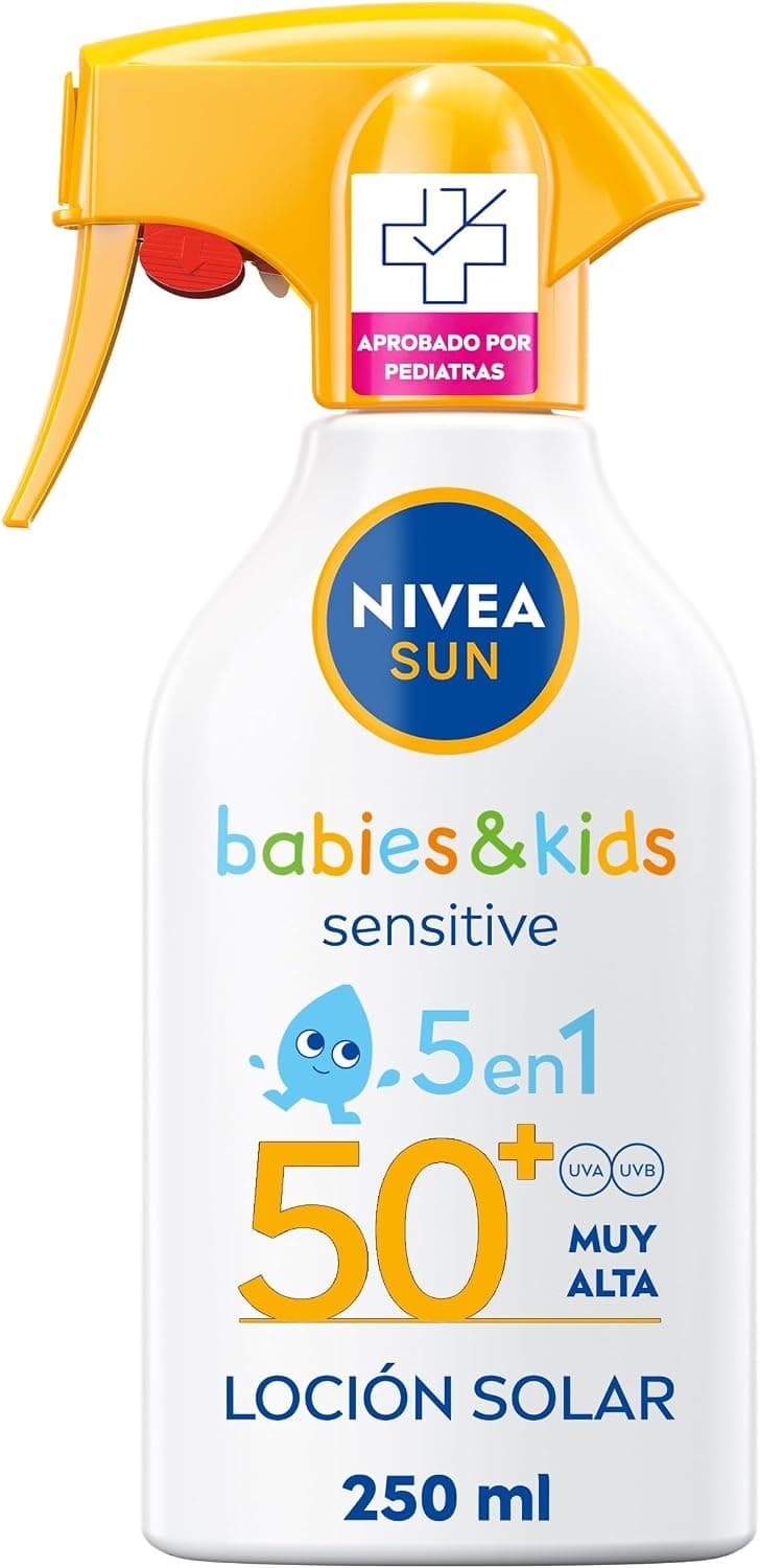 NIVEA SUN Babies & Kids Sensitive - Spray FP50+ - Protector Solar Infantil - Protección UVA/UVB - Resistente al Agua - Crema para Bebés y Niños - Piel sensible - Desde 6 meses - 250 ml