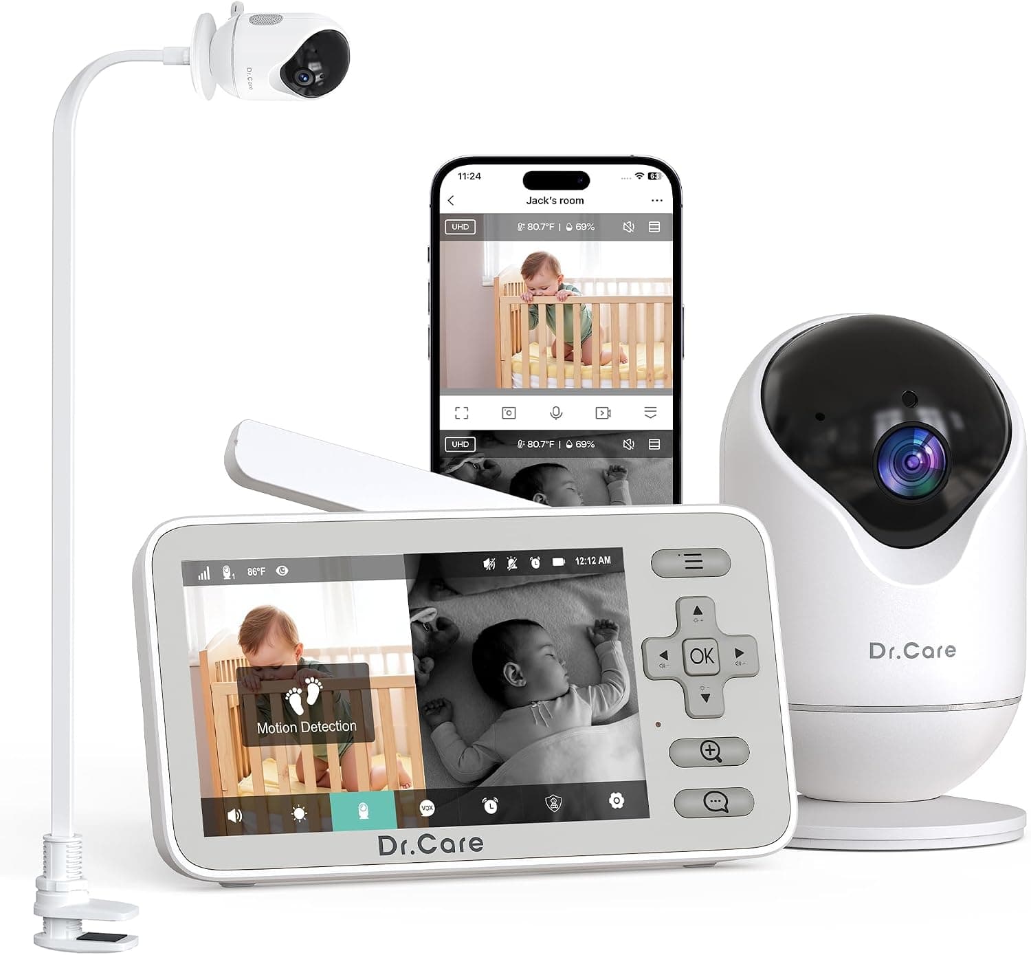 Dr.Care Camara Vigilancia Bebe WiFi 1080p, 4", Soporte con Pinza & 3000mAh