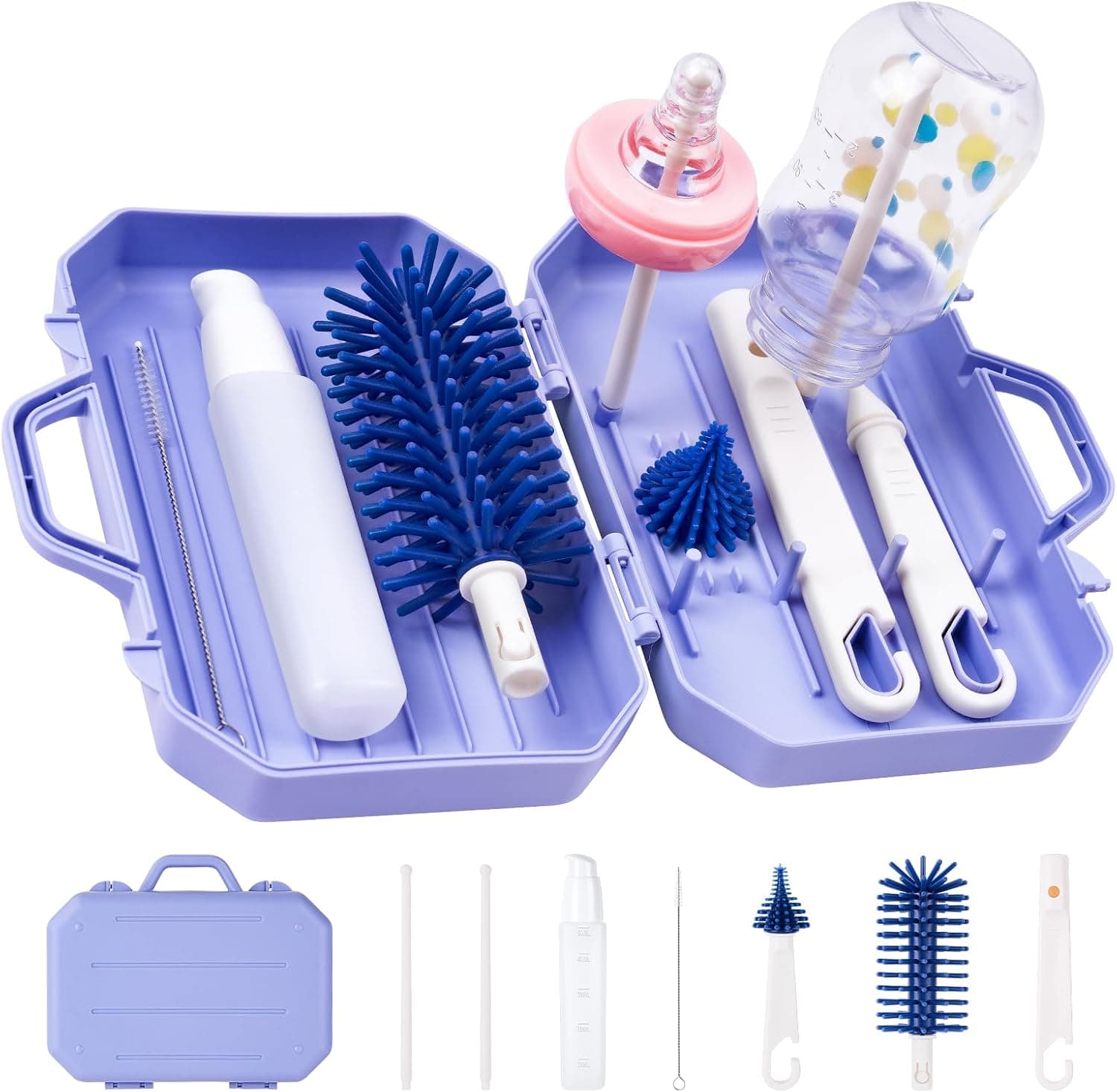 Vicloon Cepillo para Biberones, Set de Limpieza de Biberones de Viaje con Contenedor y Dispensador de Limpiador, Cepillo para Tetinas y Pajitas, Kits de Biberones