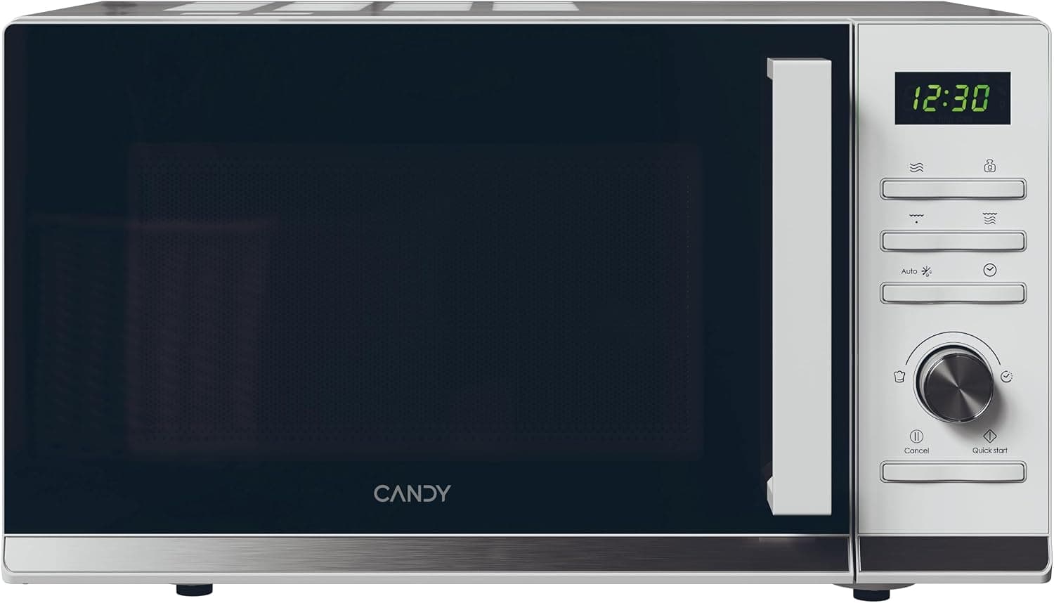 Candy CMGA25TNDW, Microondas con Grill, 25L, 900W-1000W, 11 Niveles de Potencia, Mando Giratorio y Botones, 19 automenús, Plato 25,5 CM, Display Digital, Descongelación, Apertura Izquierda, Inox
