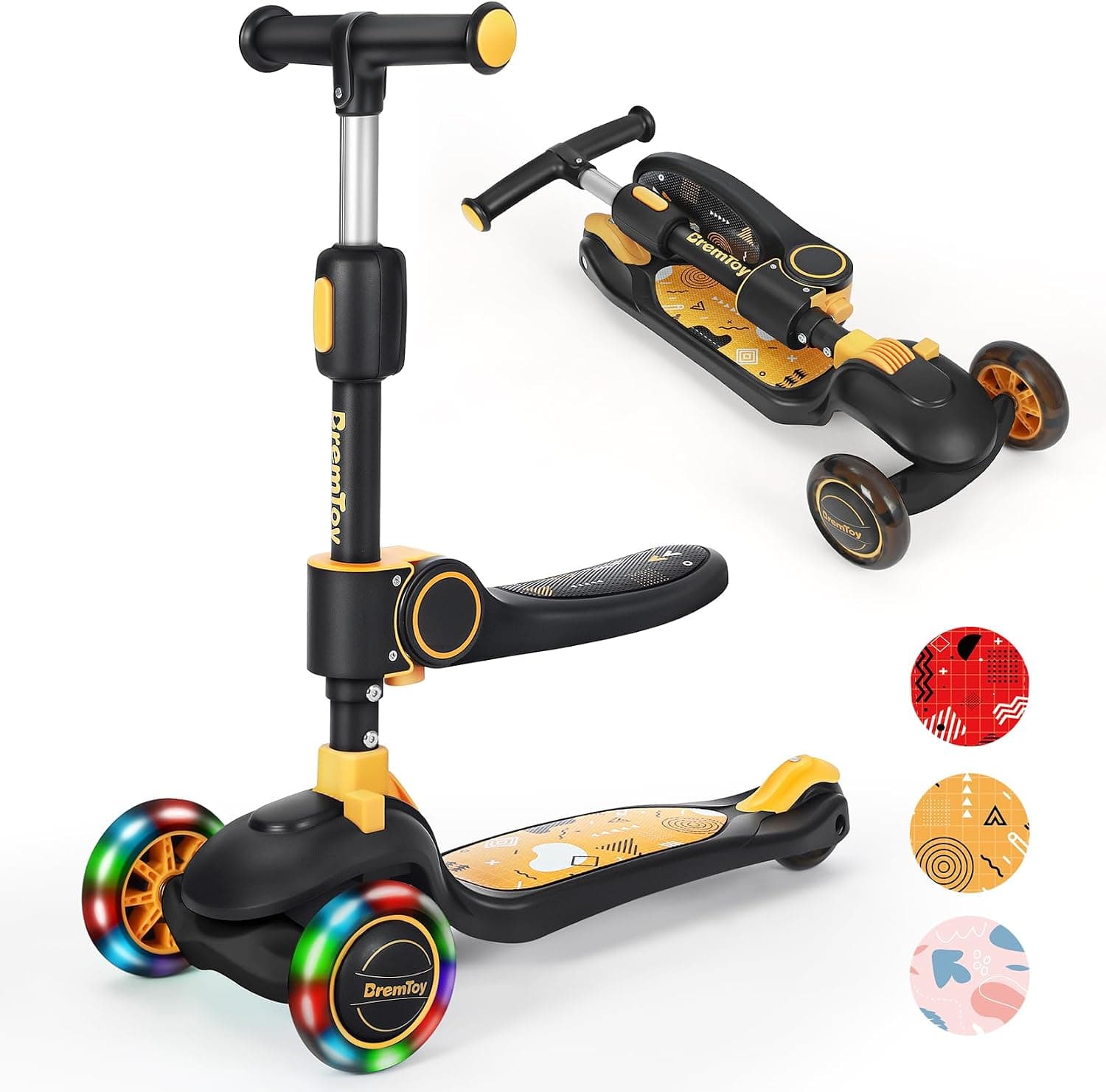 BremToy Patinete para Niños 2 Años con Asiento, Scooter 3 Ruedas LED Parpadeantes, Patinete Niños Plegable con Altura Ajustable de 2 a 8 años, Carga Máxima de 50 kg