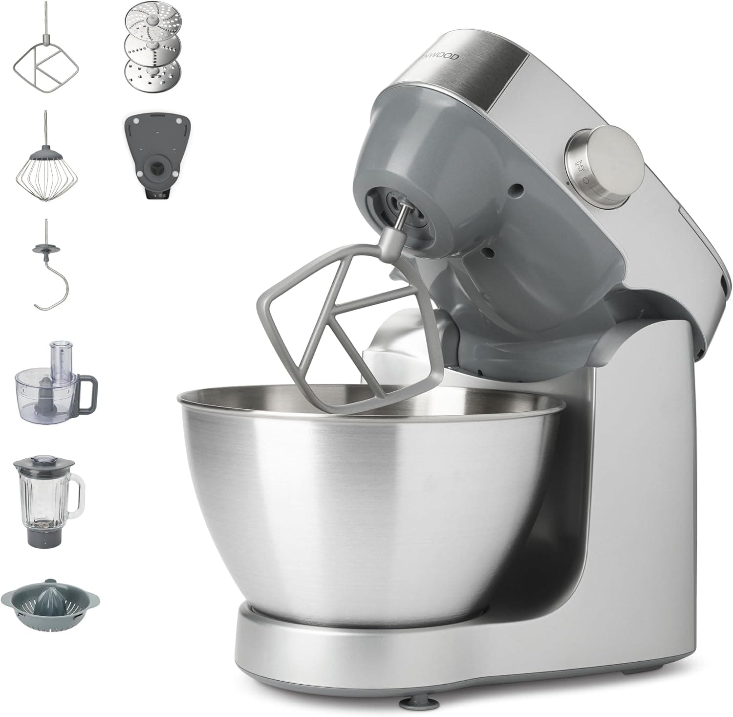 Kenwood Prospero+ KHC29A.O0SI - Amasadora, cuenco de acero inoxidable, 4,3 L, incluye juego de accesorios, 10 unidades + 3 ganchos y batidor, batidora de cristal, procesador de alimentos de 3 discos,