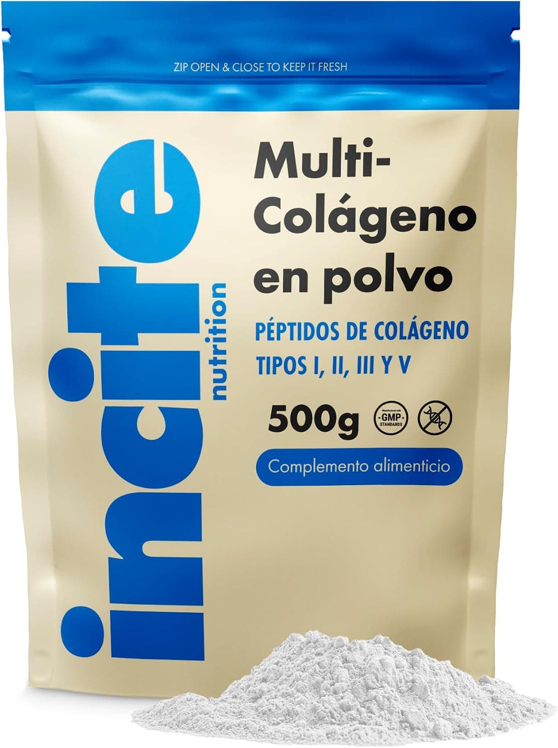 Incite Nutrition Multi Colágeno en Polvo Sin Sabor 500 g. Colágeno Tipo 1, 2, 3 y 5. Suplemento para la Piel, las Articulaciones, los Huesos, el Cabello, las Uñas y la Recuperación Muscular.