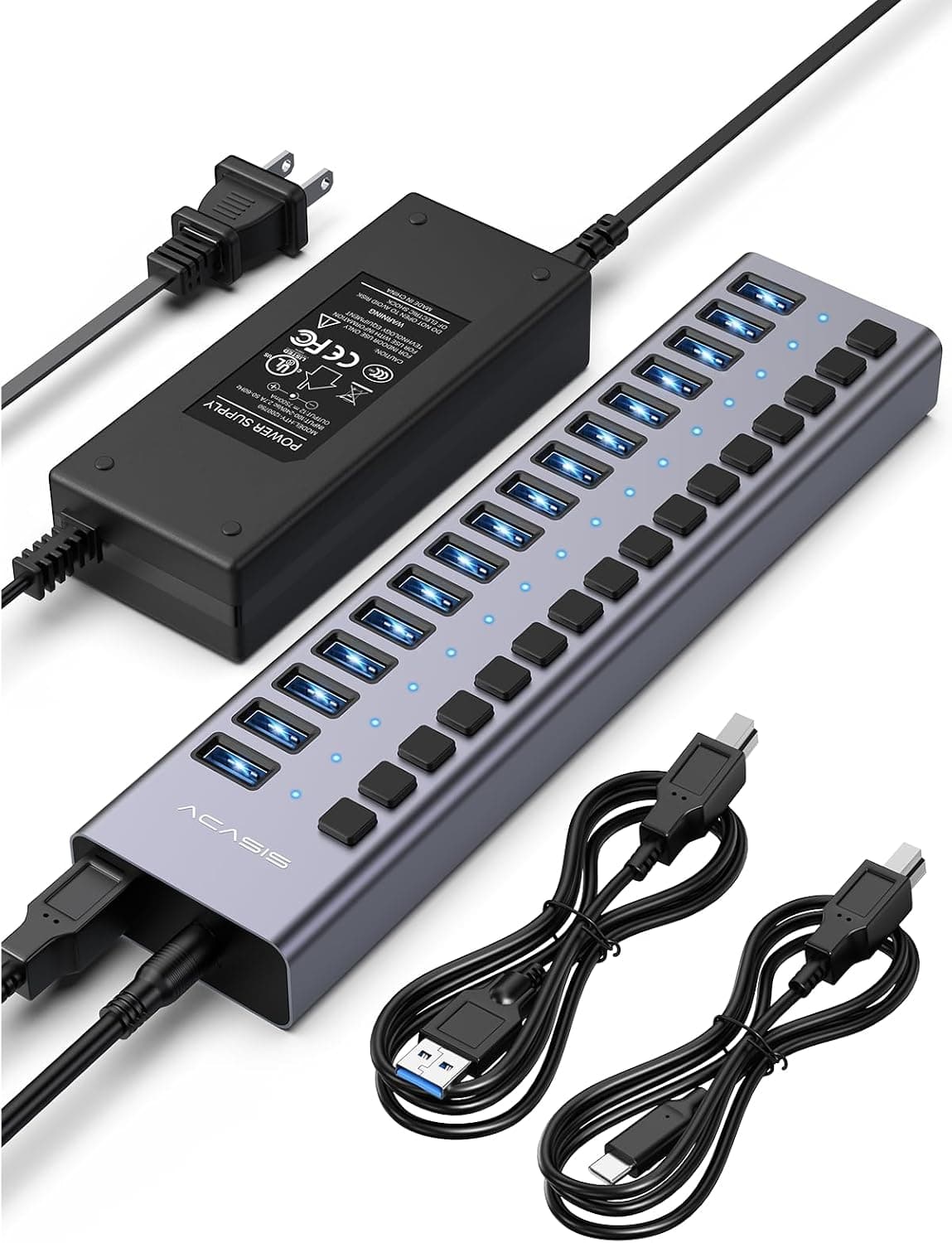 ACASIS 16-Port USB 3.2 Hub, 10Gbps Data Speed, 96W Power Adapter