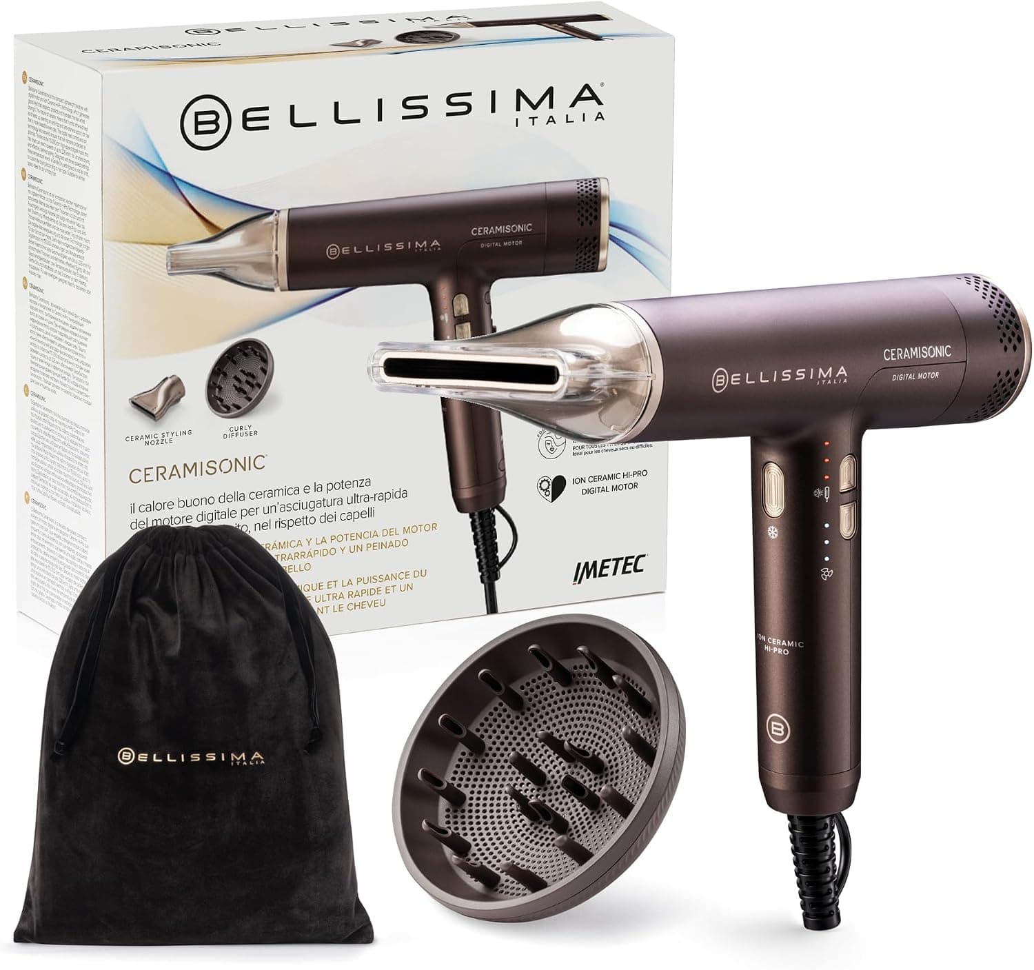 Bellissima Ceramisonic 21014, Secador de Pelo Digital 1700W, 228 km/h, Motor Digital Alta Velocidad, Tecnología Ion Ceramic Hi-Pro Antifrizz, Ultraligero 300 g, Silencioso, Incluye Difusor