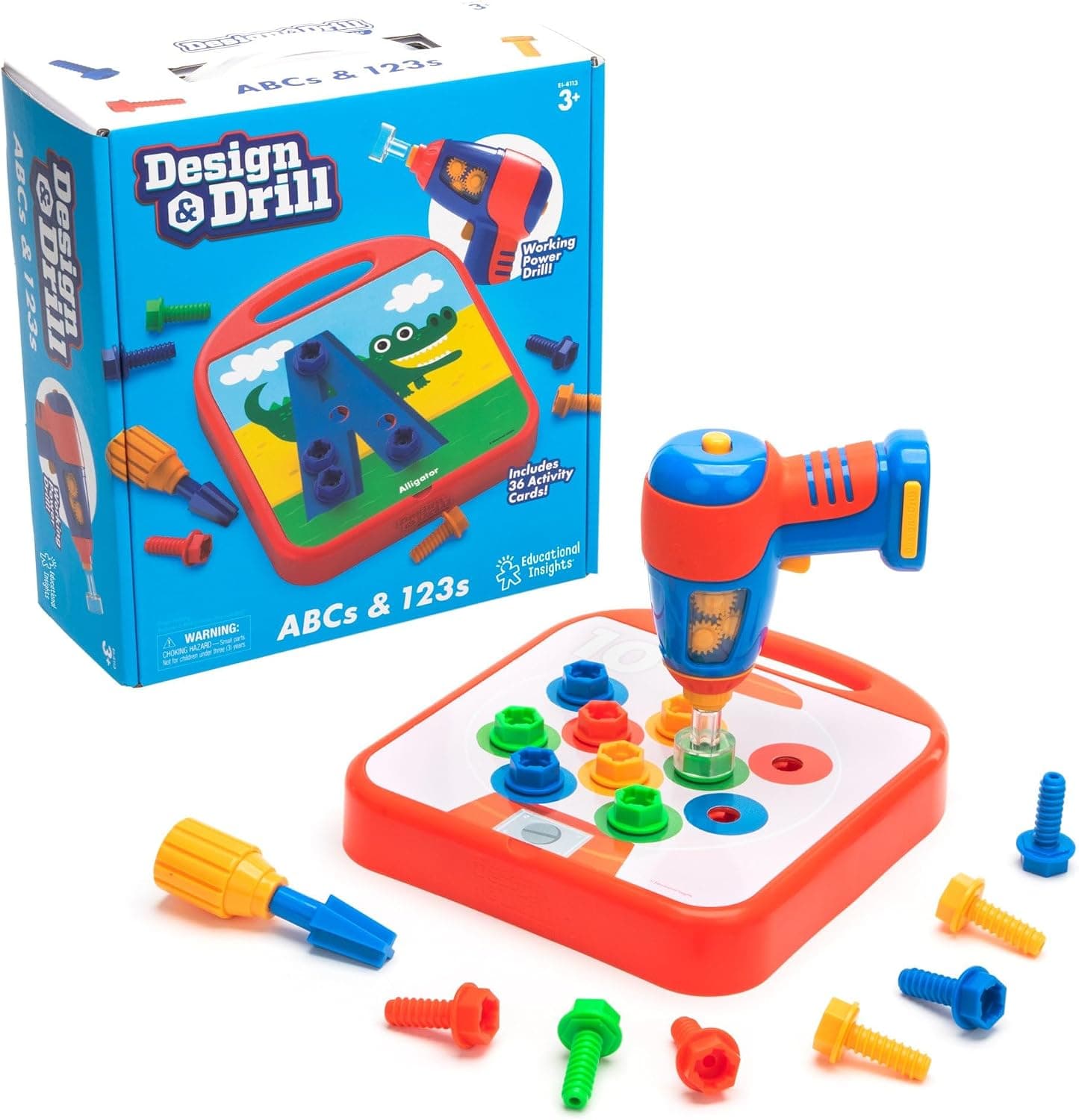 Learning Resources Design & Drill ABCs & 123s, Juego Educativo para niños de 3-7 años, Letras y números, Destornillador y Taladro Infantil, 86 Piezas