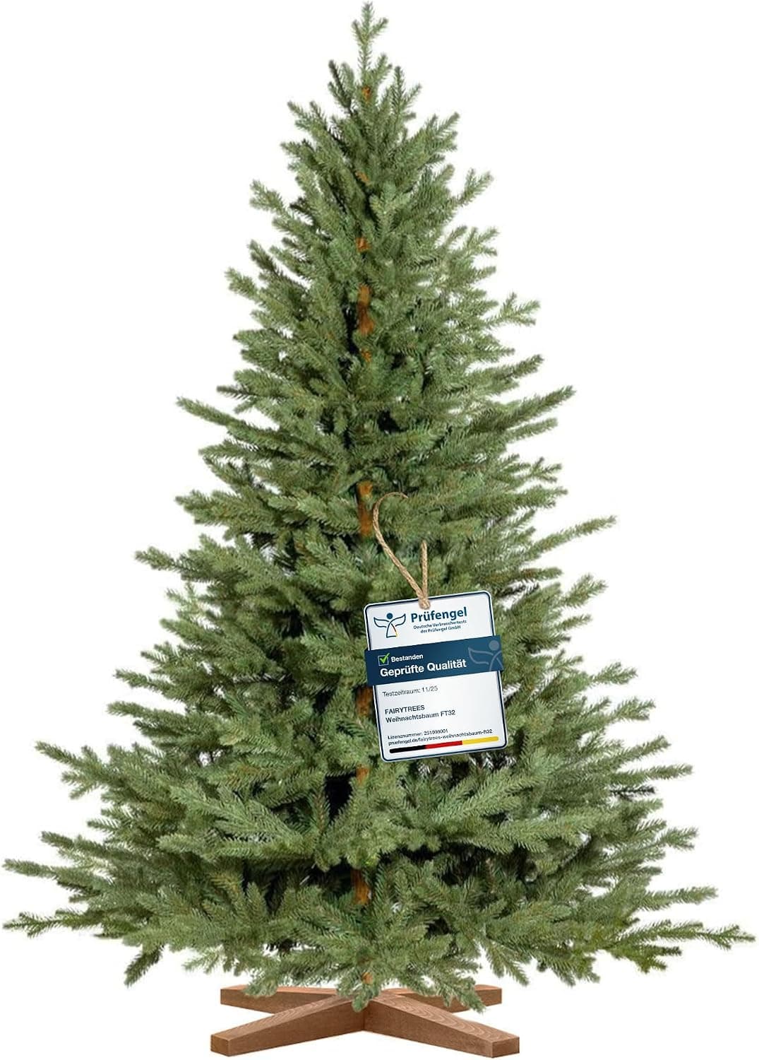FAIRYTREES Árbol de Navidad Artificial 220 cm Baviera Abeto Premium | Elementos Moldeados por inyección | Hecho a Mano en la UE | Árbol de Navidad con Soporte de Madera de Fresno