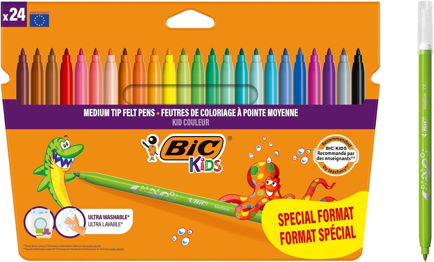 BIC Kids, Kid Couleur, Rotuladores Lavables para Niños,Ideales para Material Escolar, Punta Media Resistente, Colores Brillantes e intensos, Caja de 24 uds