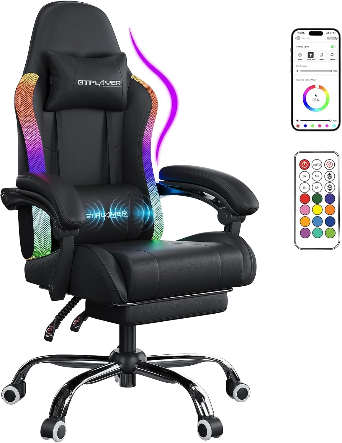 GTPLAYER Silla gaming con luces LED, reposapiés, silla de escritorio para ordenador con masaje de alta resistencia para adultos, ergonómica, altura ajustable, reclinable, para PC