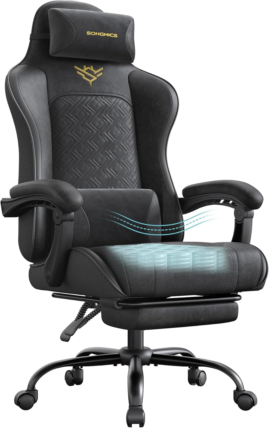 SONGMICS Silla Gaming Ergonómica, con Reposapiés y Soporte Lumbar