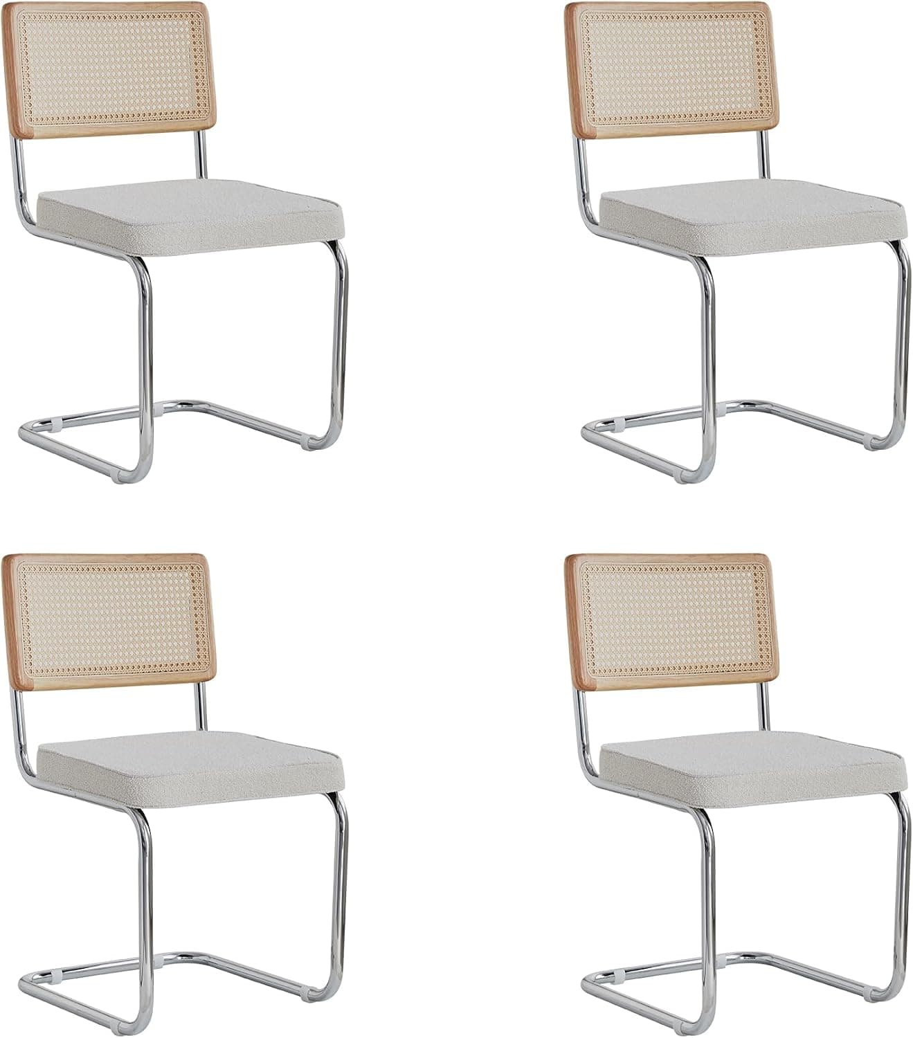 GrandCA HOME Pack de 4 Sillas de Comedor con Respaldo de Caña Natural y Base Cromada de Acero Inoxidable, Sillas de Cocina Tapizadas de Ratán,Blanco