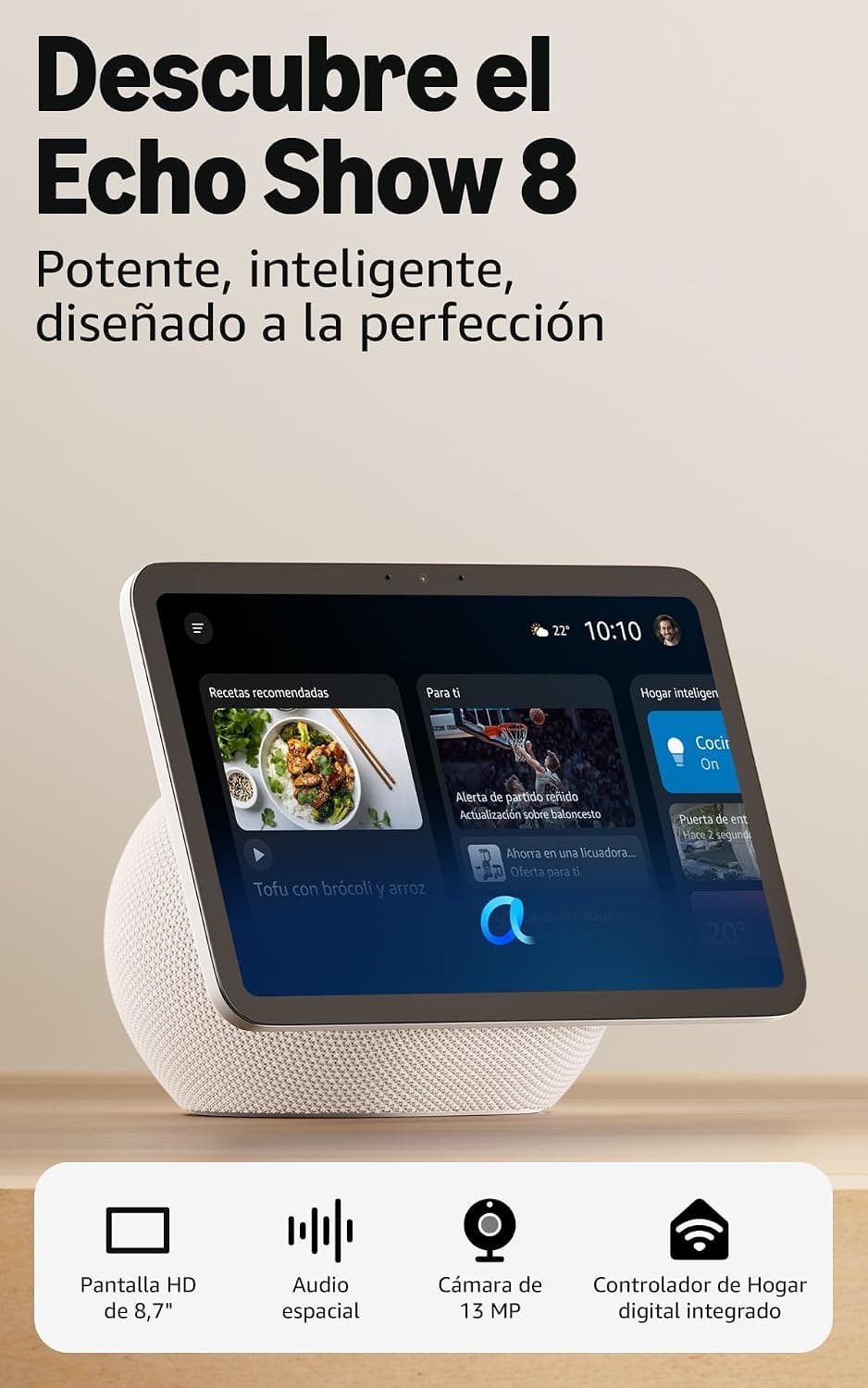 Amazon Echo Show 8 (última generación): pantalla HD de 8,7" con audio espacial (blanco), con Acceso Anticipado a Alexa+