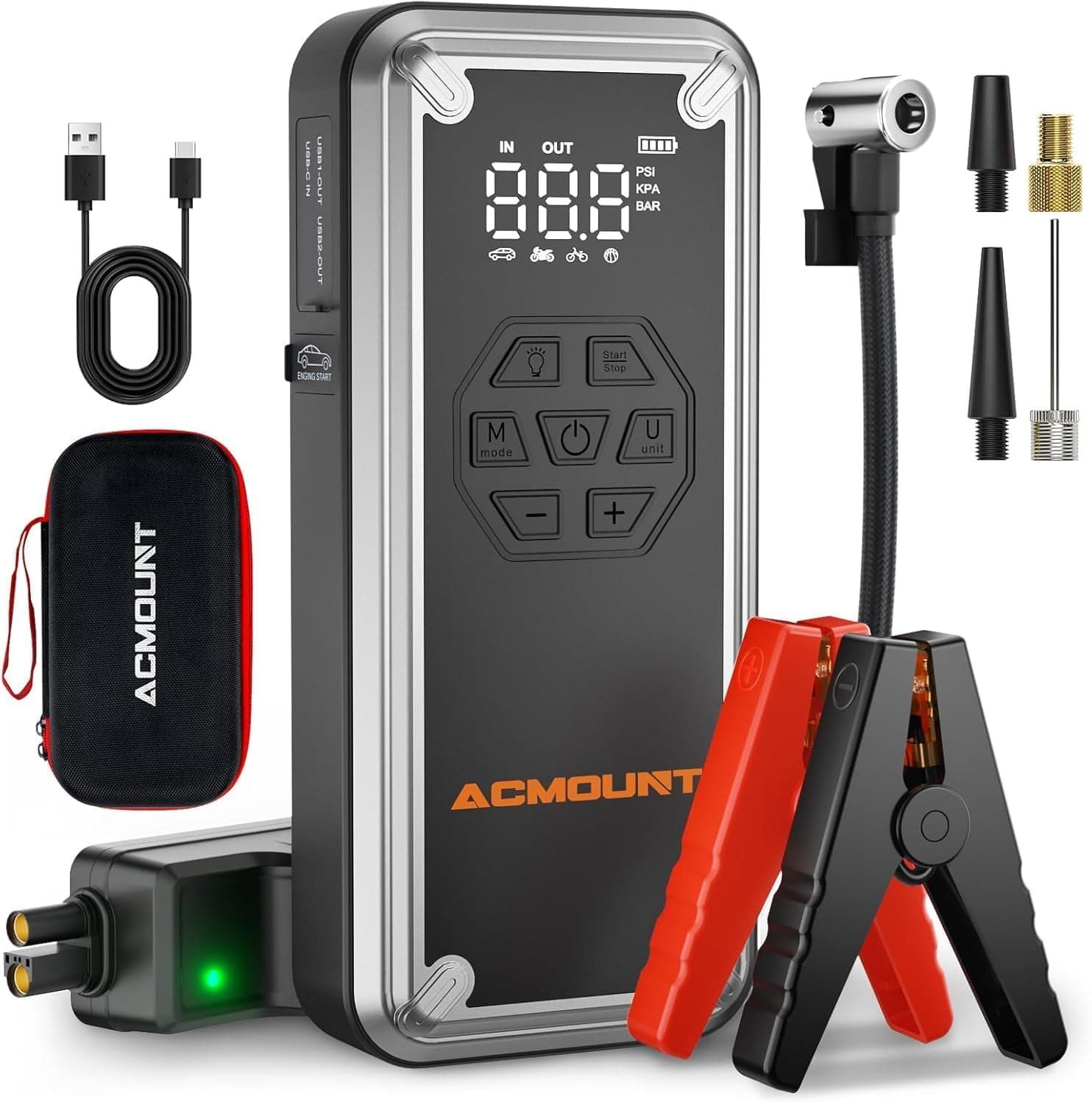 Acmount Arrancador de Baterias de Coche, 7000A 21800mAh Arrancador de Coches Compresor de Aire 150 PSI, Booster Bateria 12V (para All Gas o 12L Diesel) con Pantalla LCD, Linterna LED de 800 Lúmenes