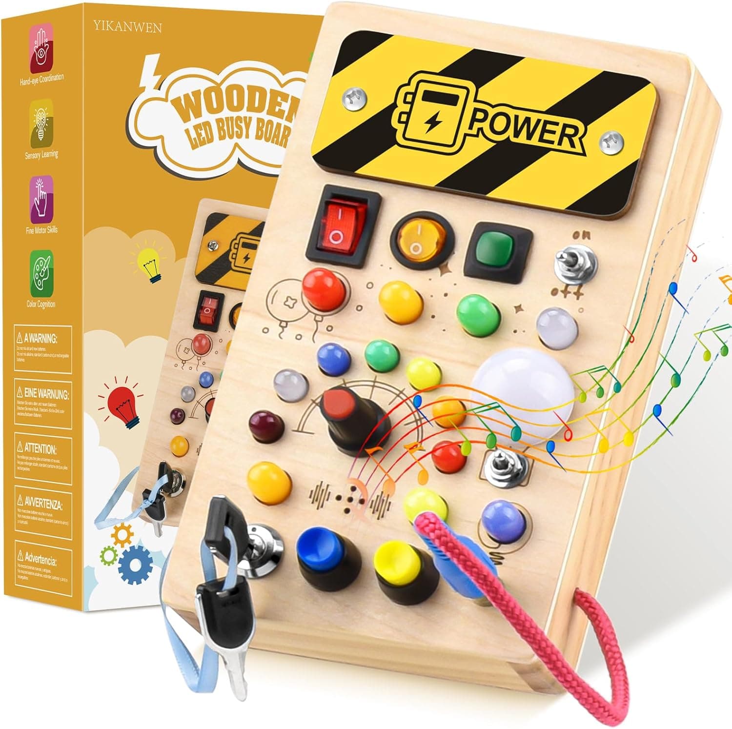 YIKANWEN Montessori Busy Board Juguete a partir de 1, 2 y 3 años, juguete de madera con música y 10 LED interruptor de luz, juguete sensorial para bebés, niños pequeños, niñas a partir de 1, 2, 3, 4