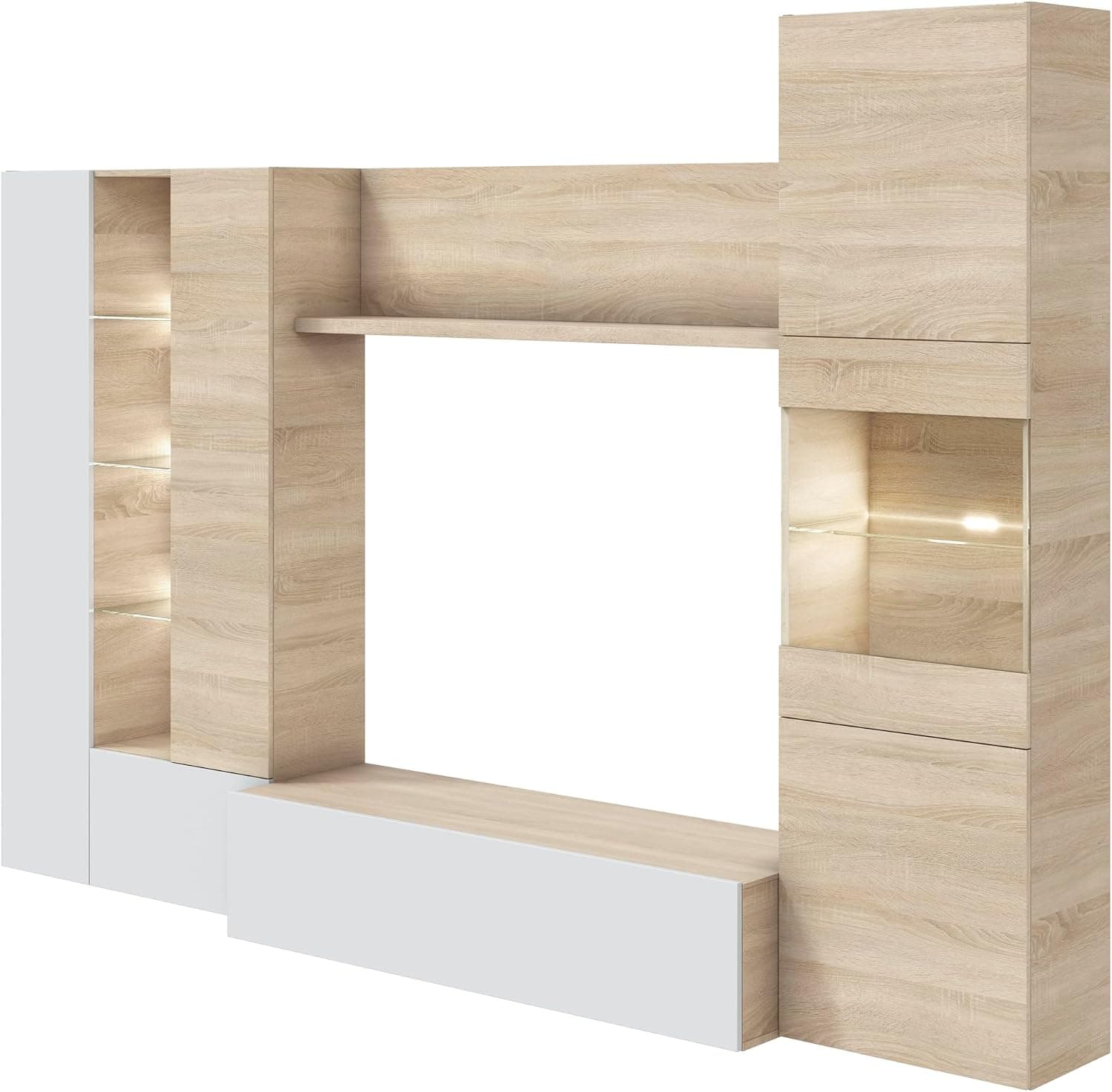 Habitdesign Salón Compacto 260, Mueble televisión, Modelo Essential, Acabado Roble Canadian y Blanco Brillo, Medidas: 185 cm (Alto) x 260 cm (Ancho) x 42 cm (Fondo)