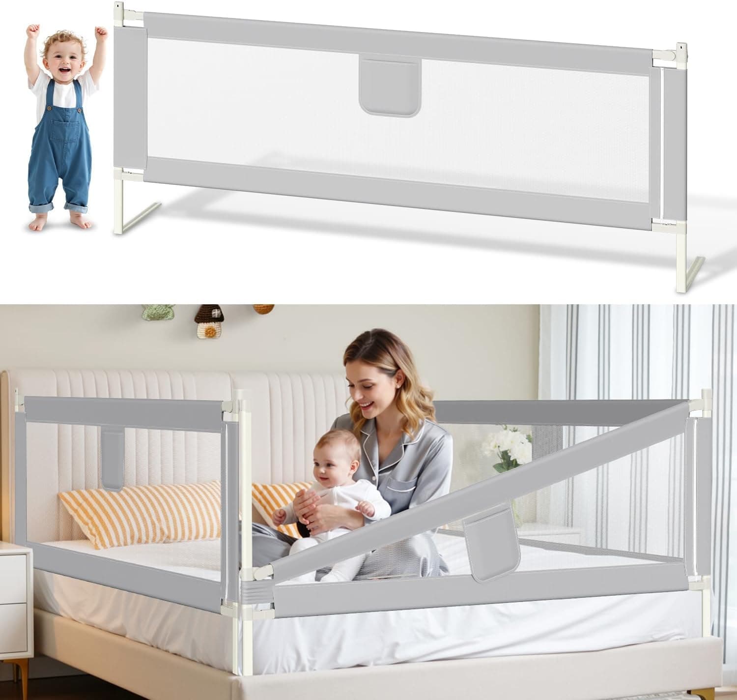 Barrera de Cama para Niños 200 cm x 1 + 150 cm x 1, Barandilla de Seguridad Abatible con Altura Regulable 64-96 cm con Interruptor de Doble botón, fácil Montaje, Color Gris