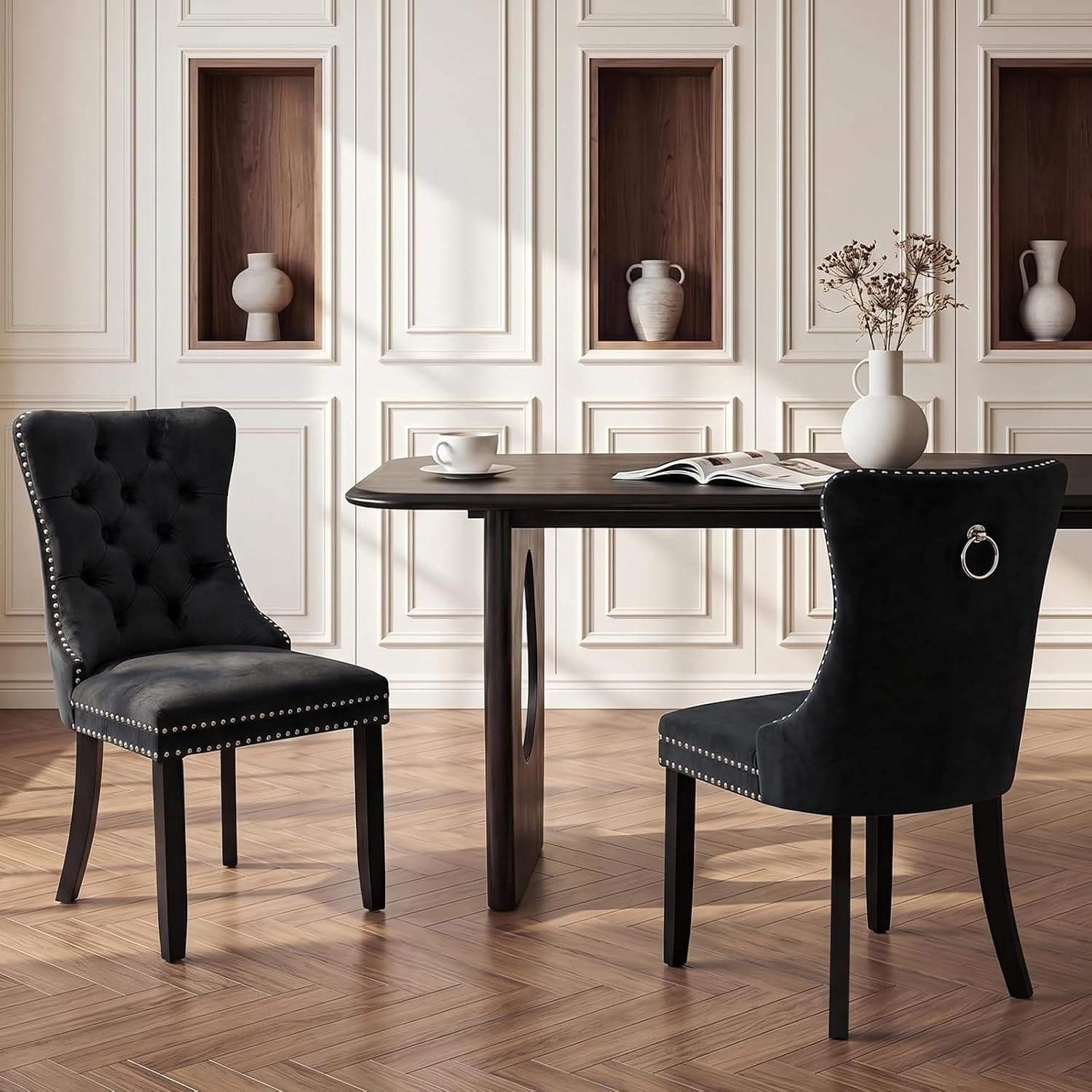 Sillas Comedor Terciopelo Negro, Patas Madera Natural, Juego 2
