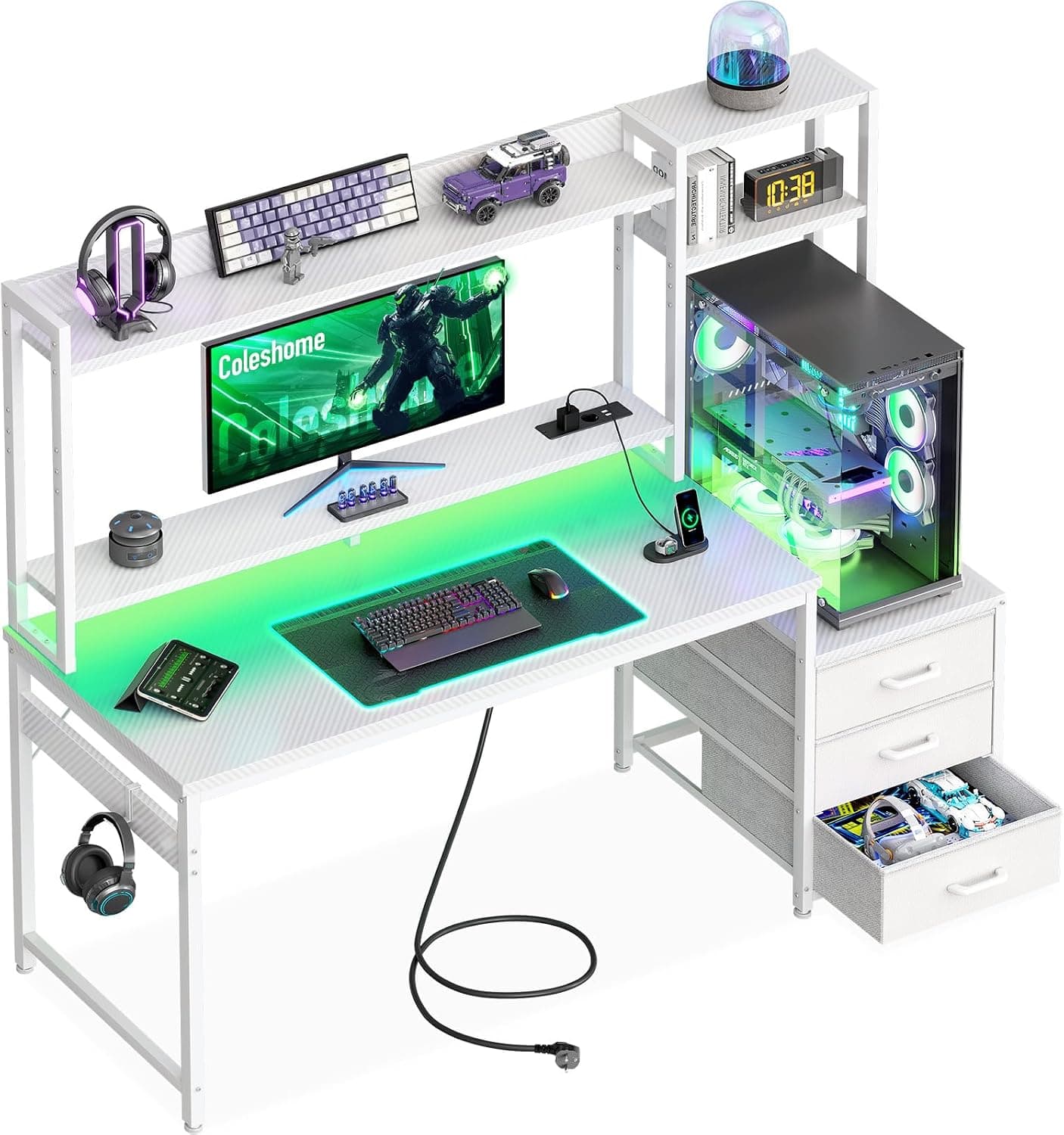 Coleshome Escritorio Gaming con Estantería, 137x48cm, Fibra Carbono Blanco