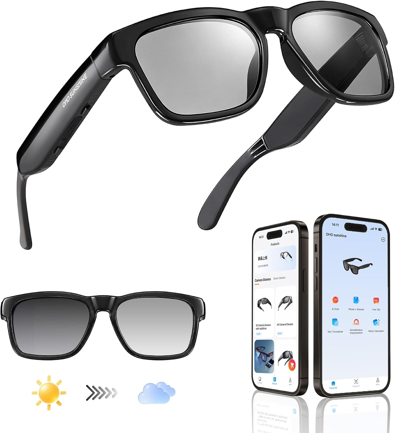 OhO sunshsine AI Glasses, Bluetooth Audio Sunglasses with 10H Playtime, ChatGPT Translation Water Resistant Open Ear Glasses