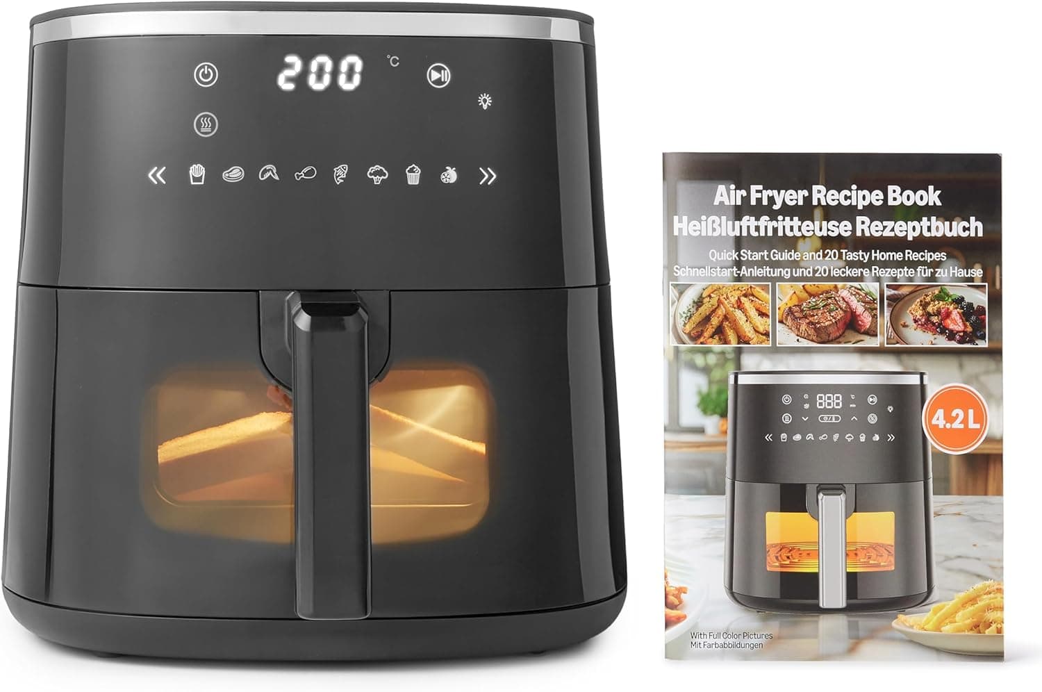 Amazon Basics Freidora de Aire, 4,2L con Ventana de Fácil Visualización, 8 Menús Preestablecidos, 1500W, Color Negro