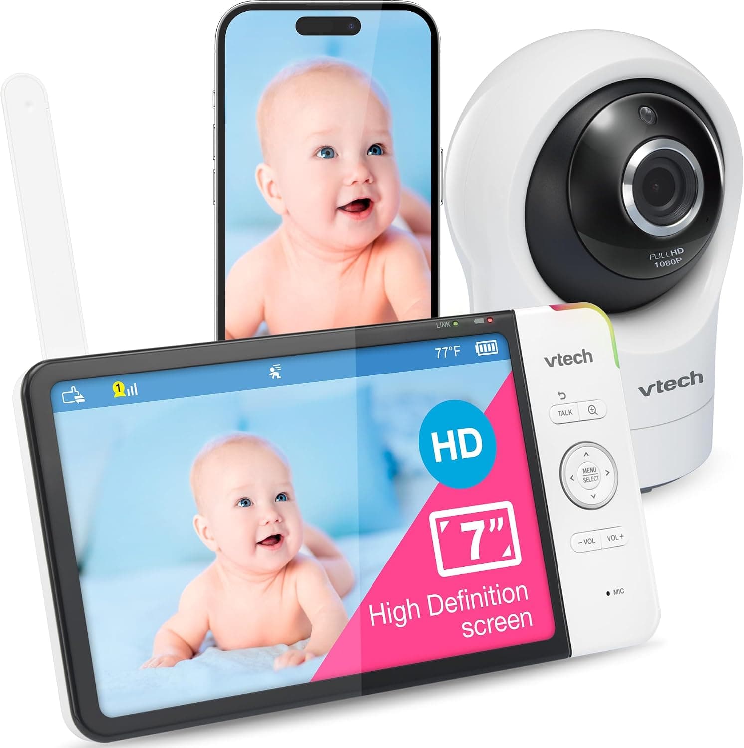 VTech RM7764HD Vigilabebés con Acceso Remoto WiFi 1080p, panorámica e inclinación de 360°, Pantalla HD 720p de 7", visión Nocturna HD, Sonidos relajantes, conversación bidireccional