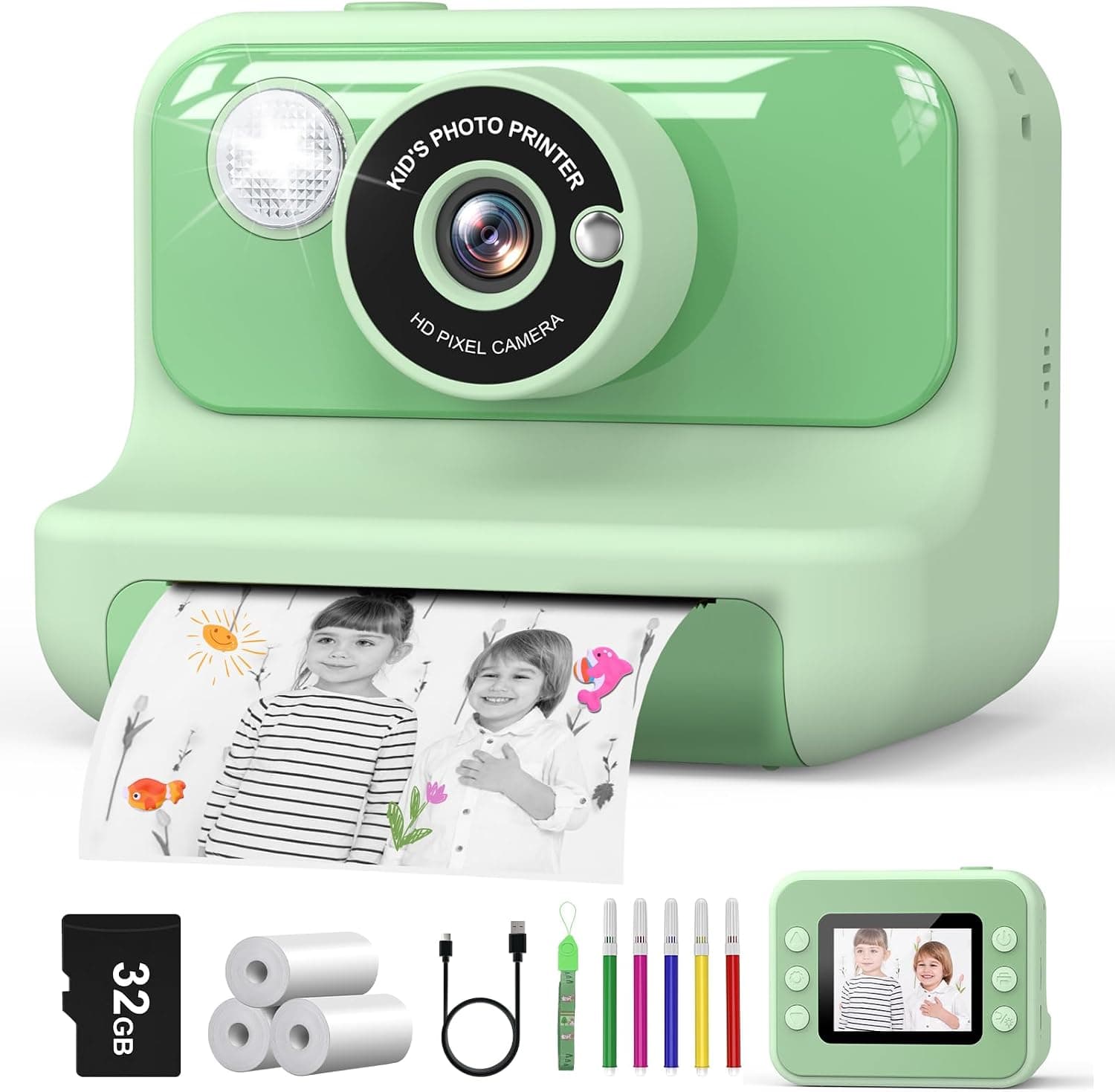 Hangrui Camara Fotos Infantil Instantanea, 2,4 Pulgadas Camara Fotos Infantil con Tarjeta de 32G, 1080P Cámara Instantánea para Niños con Papel de Impresión y Bolígrafos de Colores, Regalos Juguete