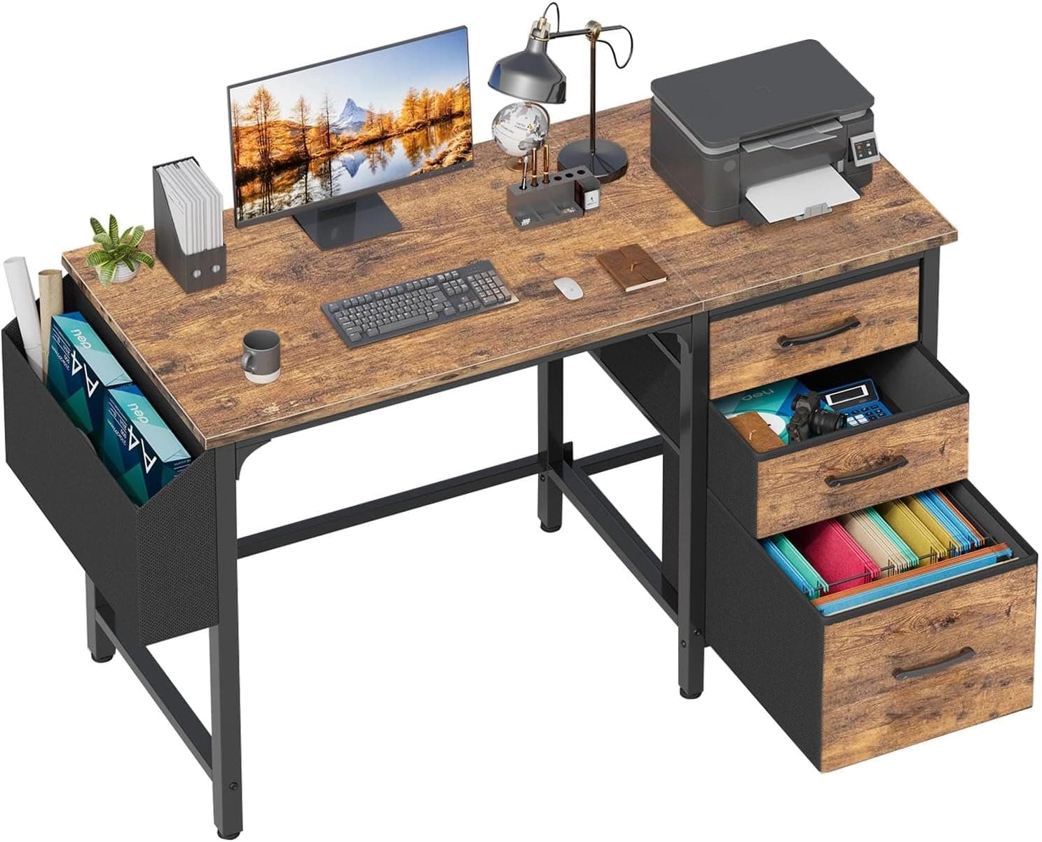 Lufeiya Escritorio para computadora con cajones de tela, escritorio reversible de 47 pulgadas para oficina en casa con archivador para espacio pequeño, mesa de estudio y escritura, escritorio de PC,
