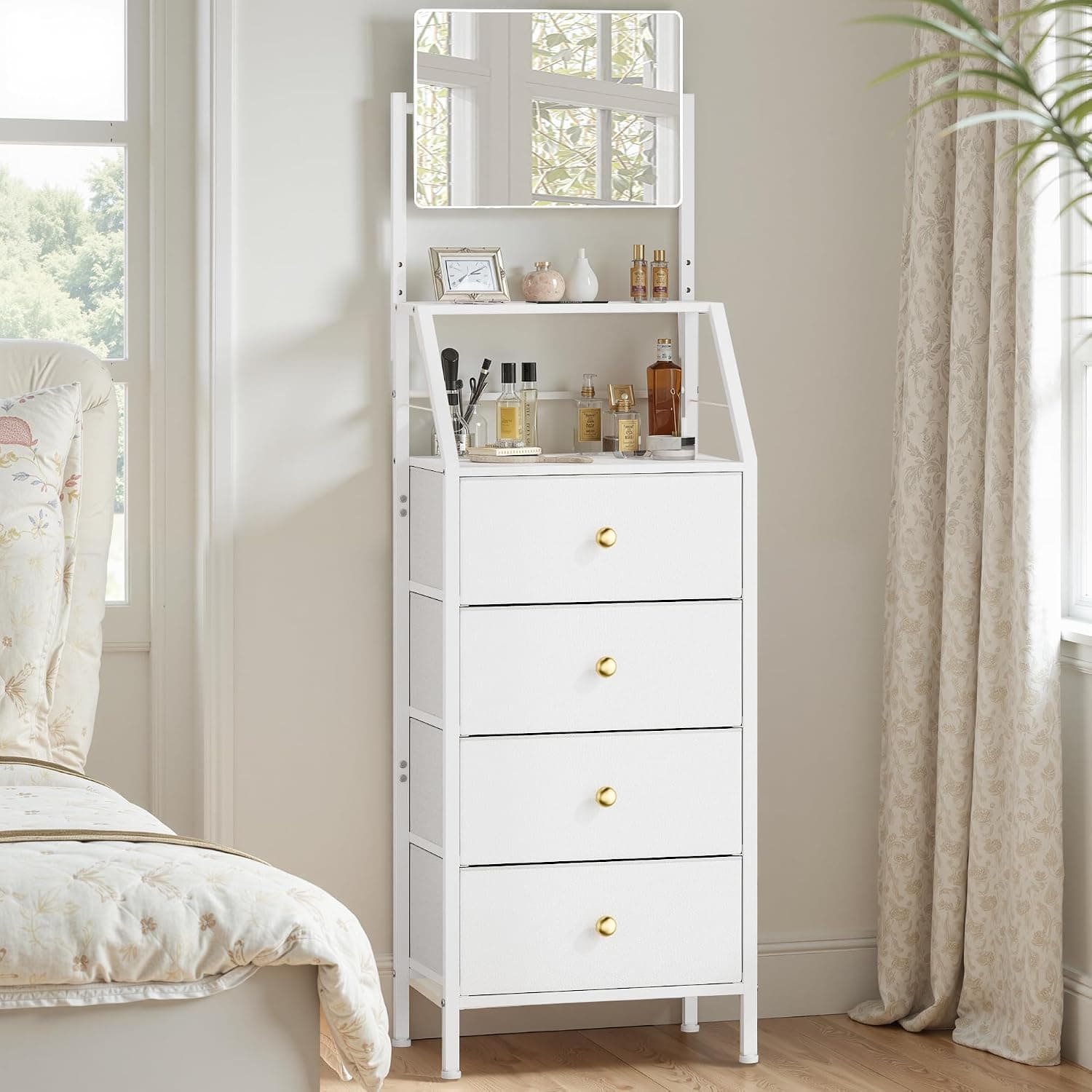 Cómoda Dormitorio Alta 4 Cajones Tela con Espejo Ajustable, Blanco