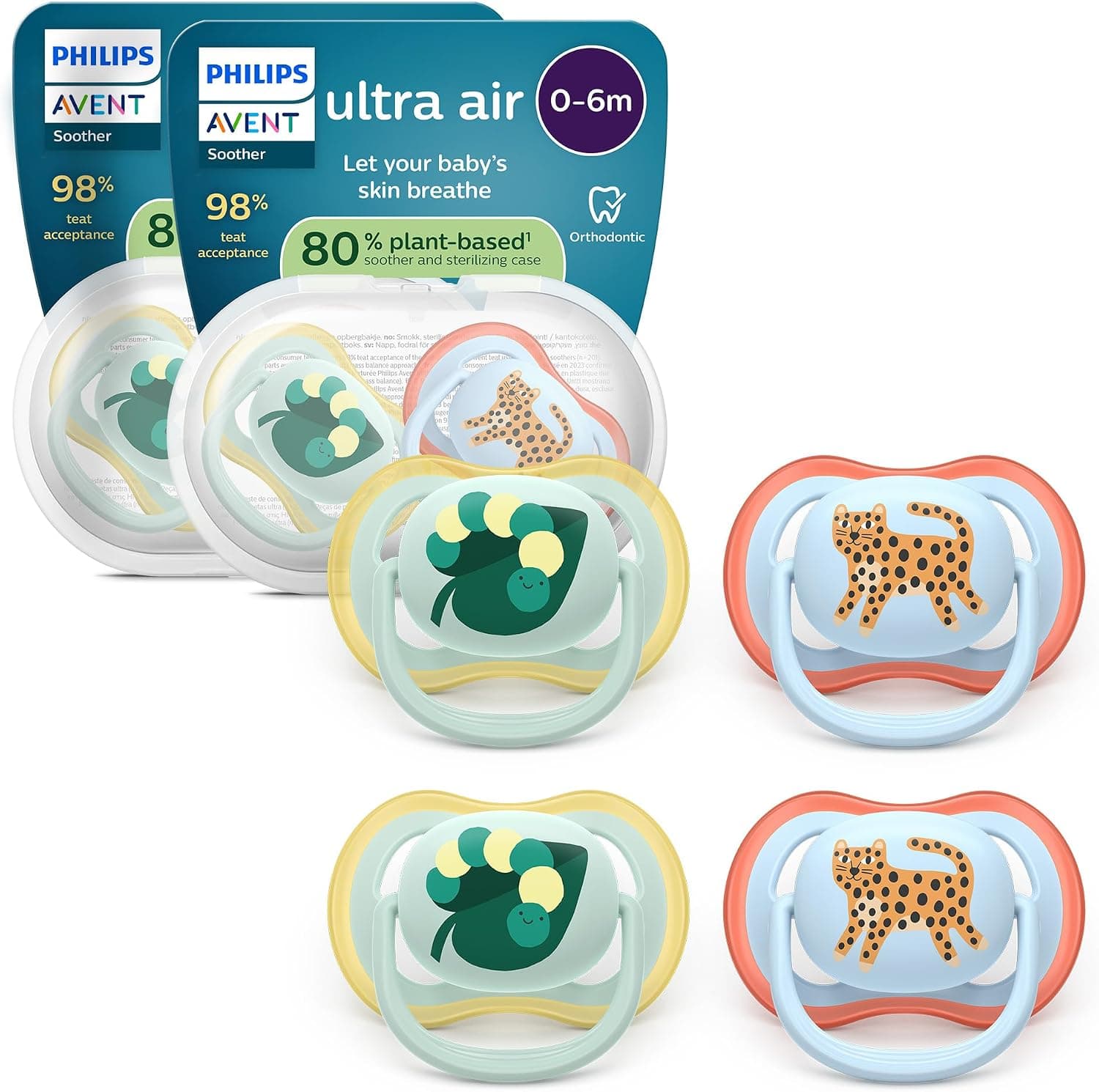Philips Avent chupetes ultra air: diseño anatómico, para bebés de 0 a 6 meses, tetina simétrica de silicona suave, sin BPA, 2 estuches esterilizadores, paquete de 4, SCF087/19