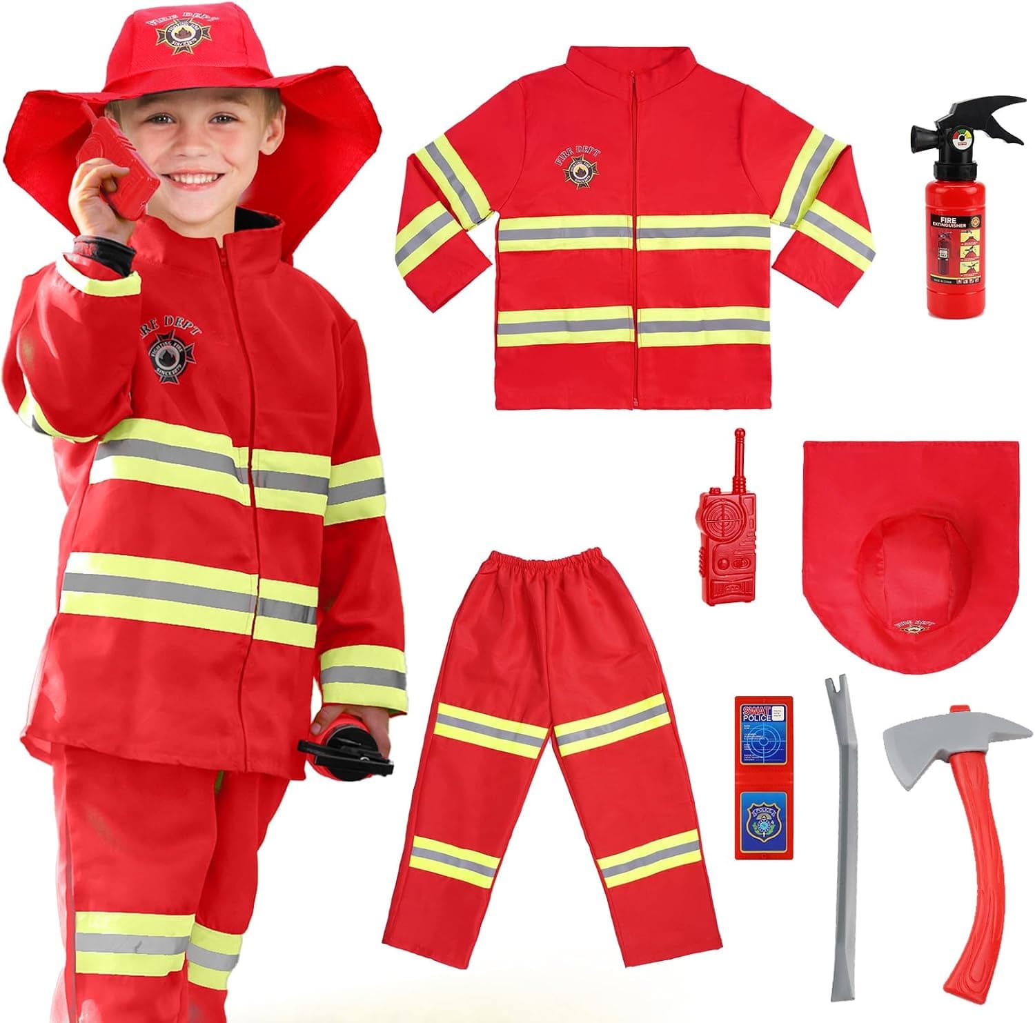 Disfraz de Bombero para Niños, 8 pcs Traje de Bombero Infantil con Accesorios, Juego de rol de Bombero para Disfraces, Educación sobre Simulacros de Incendio, Navidad, para Niños de 3 a 9 Años