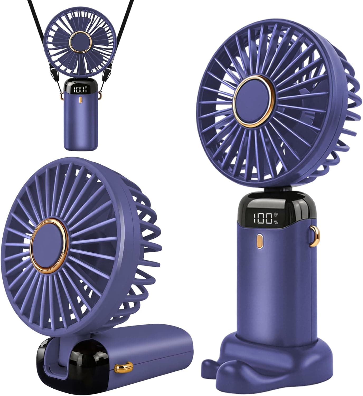 Jsdoin Ventilador de mano portátil, 5 velocidades recargable por USB,funciona con pilas, ventilador plegable de escritorio con pantalla LED para el hogar,oficina,dormitorio,viajes al aire (Violet)