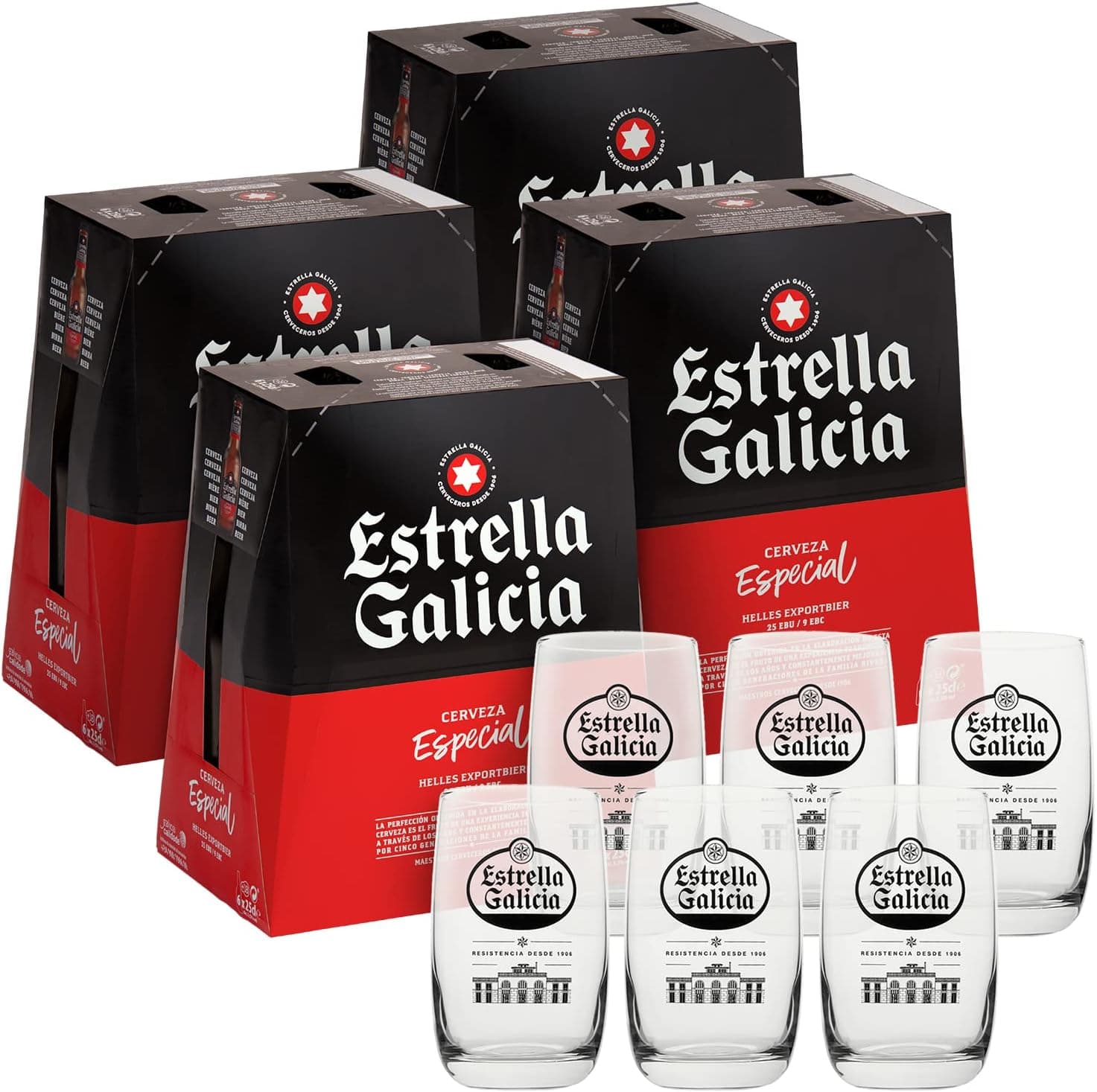 Estrella Galicia Cerveza Especial 4 packs x 6 botellas de 25 cl + Juego de 6 vasos de caña