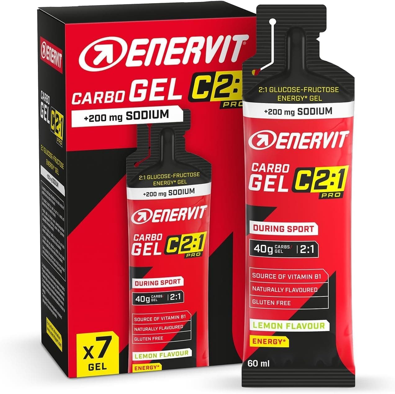 Enervit Carbo Gel C2:1PRO con Sodio, Gel Energético con 40g Carbohidratos, Actividades de Alta Intensidad, +50% Carbohidratos Absorbidos, Sabor Lima, Sin Gluten, Alta Digestibilidad, 7 Pack de 60ml