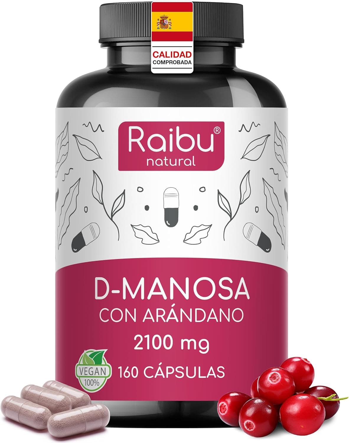 D-Manosa Raibu - 2100 mg alta dosis por día - 160 cápsulas - Con arándano rojo y vitamina C - D Manosa Vegano y Sin Aditivos Químicos - Producido y probado en laboratorio en Europa