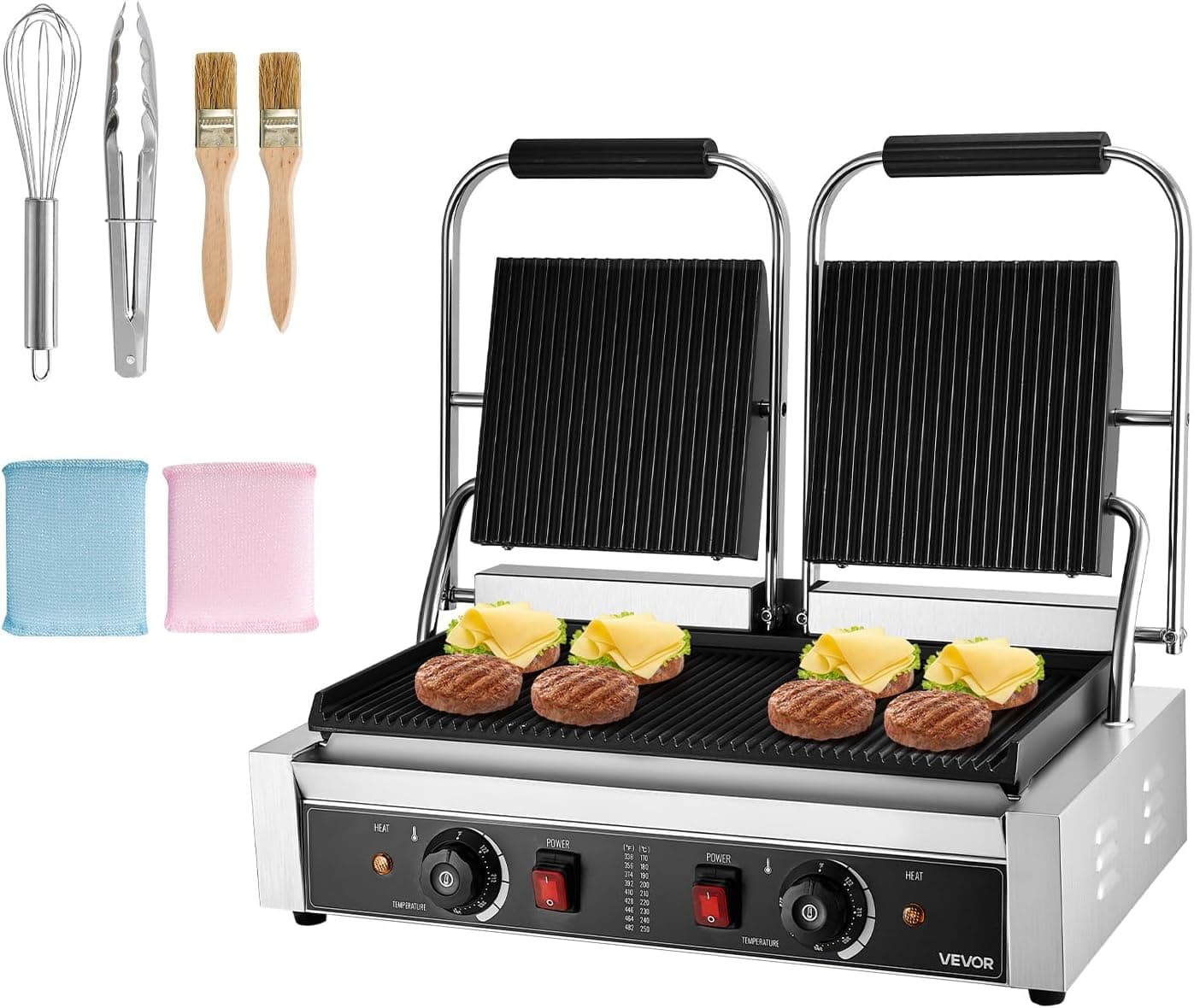VEVOR Parrilla de Contacto Eléctrica 3600 W para Sándwiches, de Acero Inoxidable, con Control de Temperatura, Doble Placa Esmaltada Acanalada de 48 x 23 cm para Hamburguesas, Filetes y Tocino