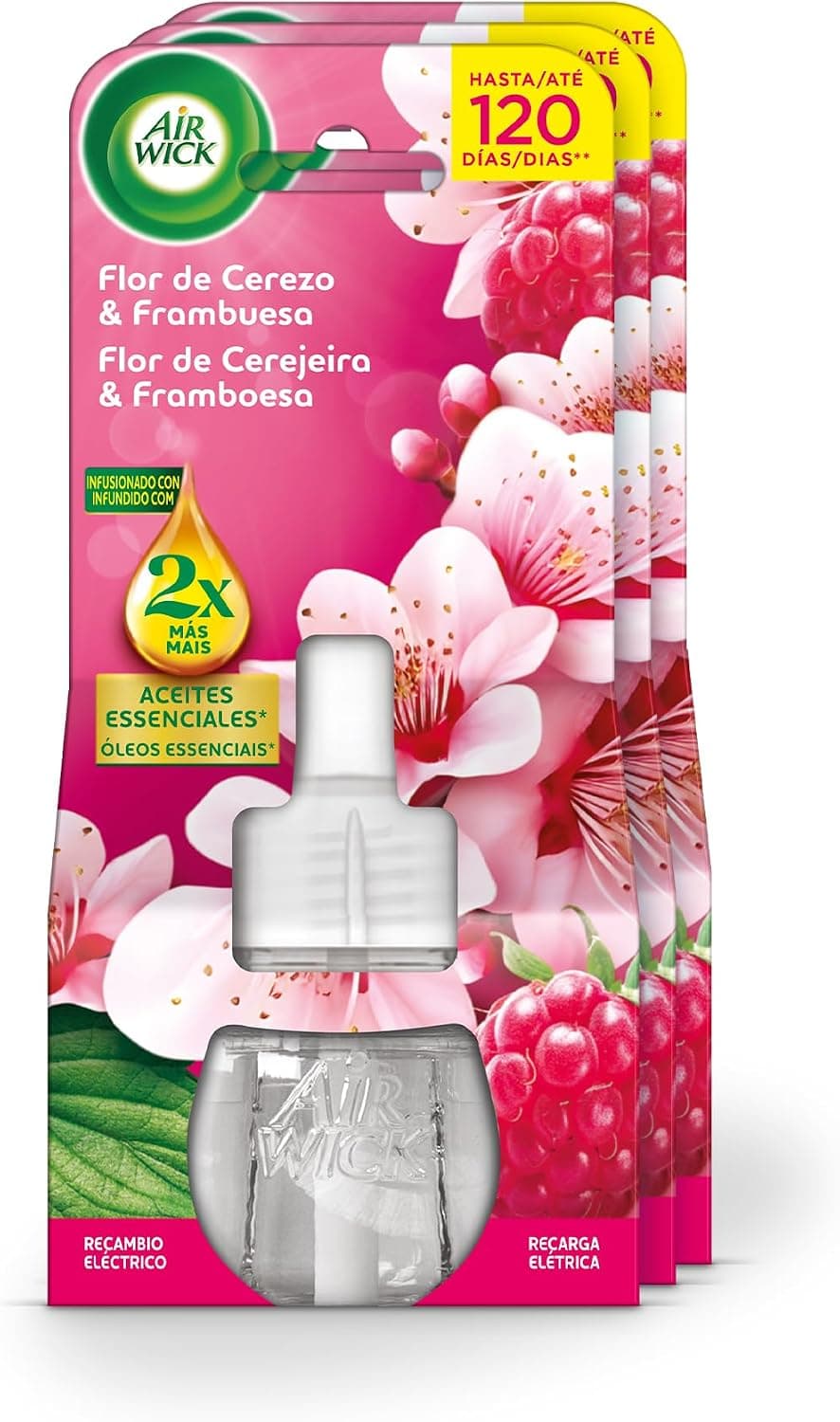 Air Wick Pack de 3 Recambios para Ambientador Eléctrico con aroma a Flor de cerezo y Frambuesa, infusionado con 2 veces más aceites esenciales