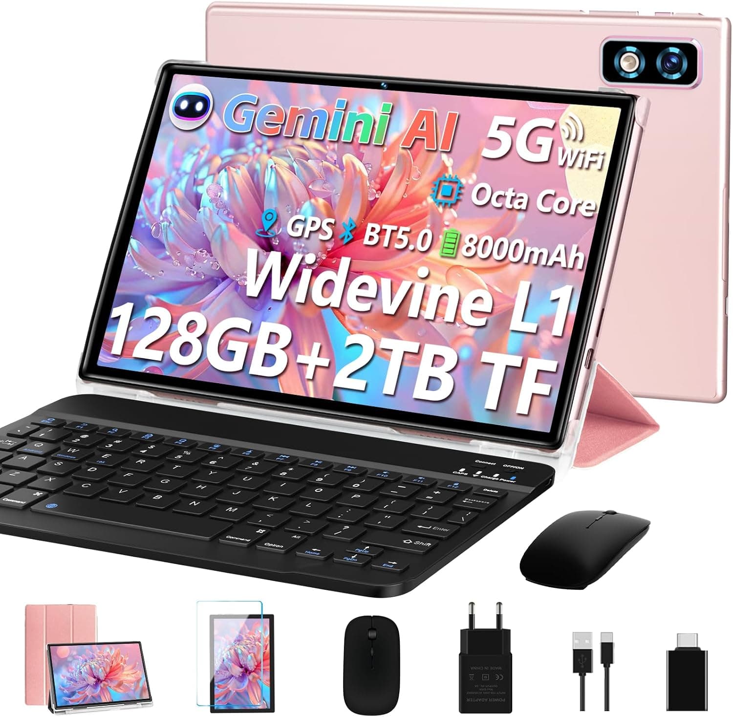 2026 Último Tablet 10 Pulgadas Android Gemini AI, 22GB+128GB/TF 1TB, Batería 8000mAh, 5+8MP, Octa-Core 2.0GHz, 5G WiFi, Bluetooth5.0, Widevine L1, GPS, GMS, Tablet con Funda, Teclado y Ratón - Dorado