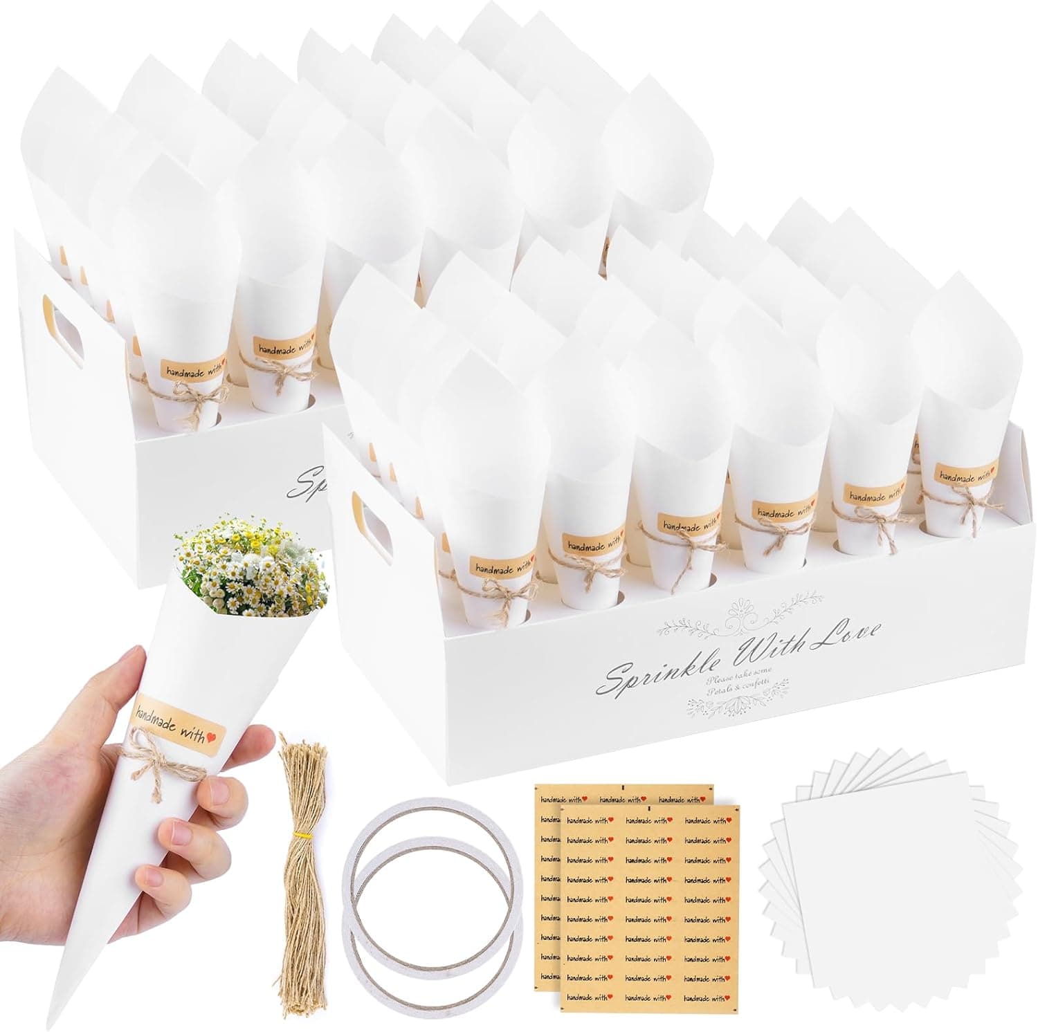 60 Piezas Conos Arroz Boda, Cono Papel Kraft Boda con 2 Caja Soporte Cucuruchos de Papel para Bodas, Conos de Confeti para Decoración Fiesta Ceremonia, Blanco
