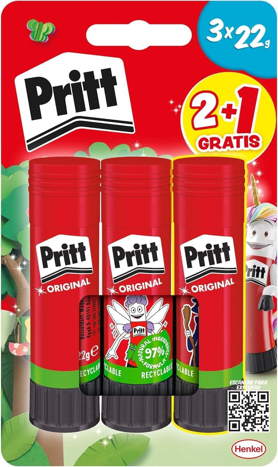 Pritt Stick Original Pegamento Barra Escolar para Manualidades, 2+1 x 22 g