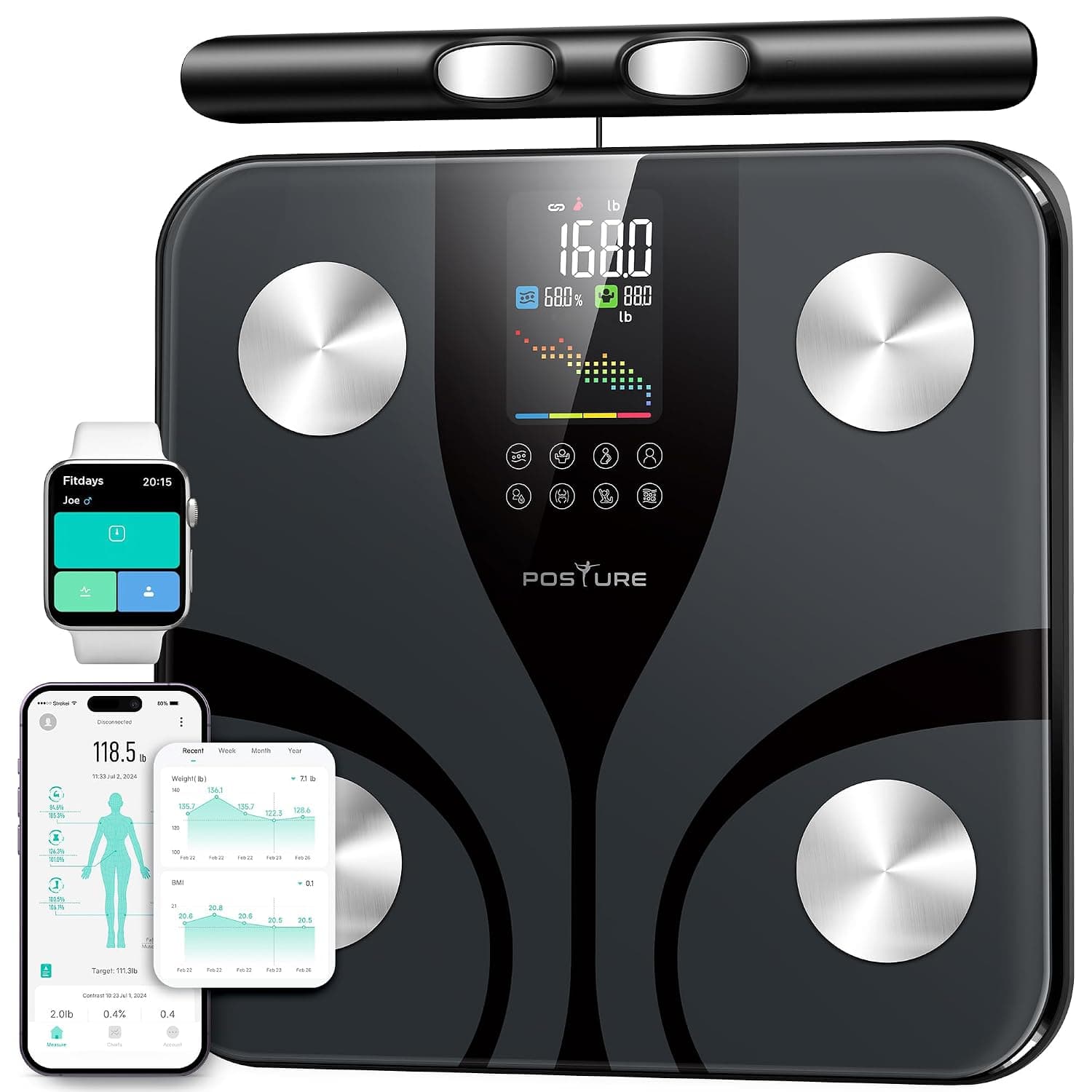 Posture Báscula de Baño Inteligente de Impedancia 8 Electrodos, Pantalla a Color, 28 Parámetros de Composición Corporal con Masa Muscular y Grasa Corporal, Plataforma Amplia, App Bluetooth, 180 kg
