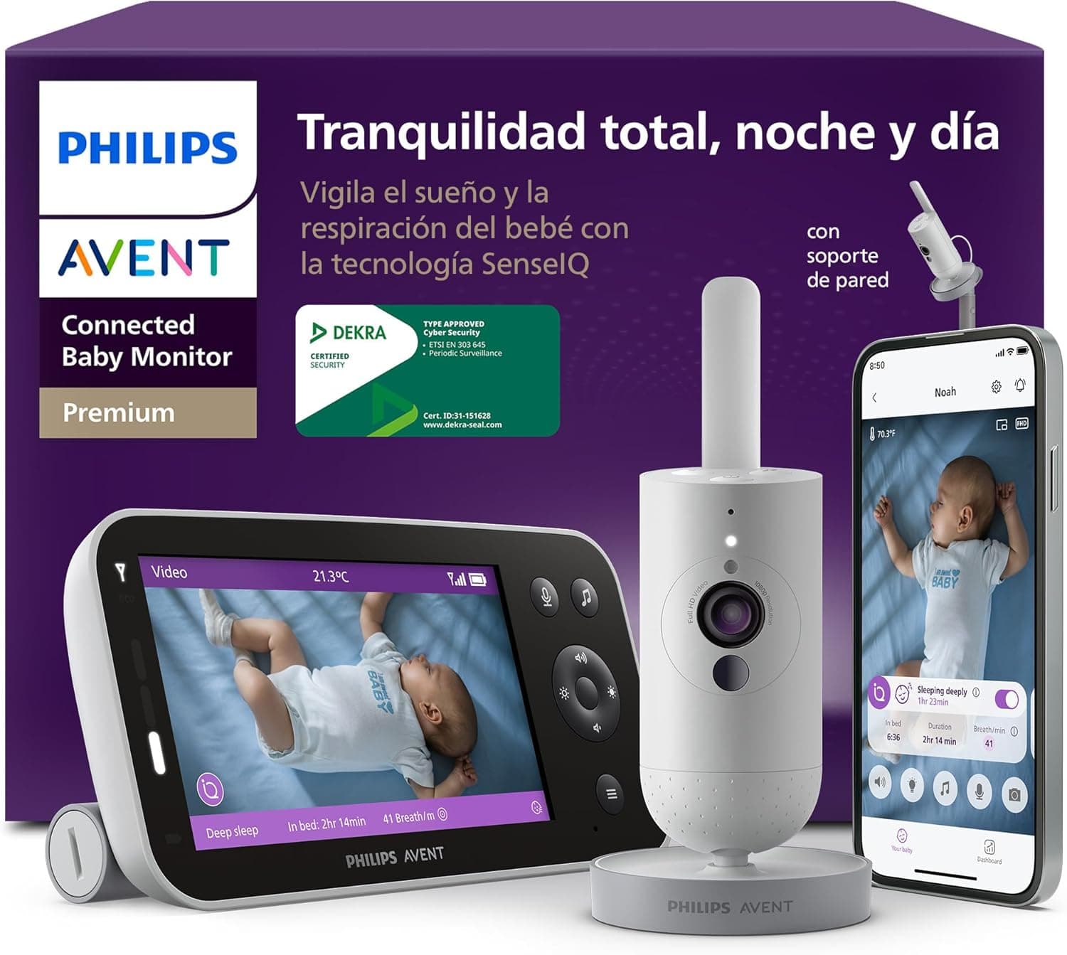 PHILIPS Avent Vigilabebés Premium con App - Cámara HD de 1080 píxeles, Seguimiento del sueño y la respiración con IA, traducción del llanto, Certificado DEKRA, Montaje en Pared, SCD974/26