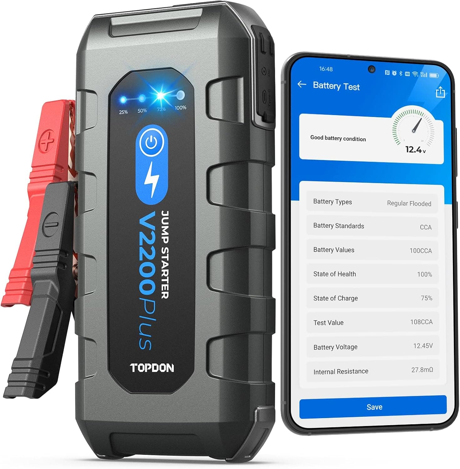 TOPDON V2200 Plus Arrancador de Coches y 12V Comprobador de Batería 2 en 1