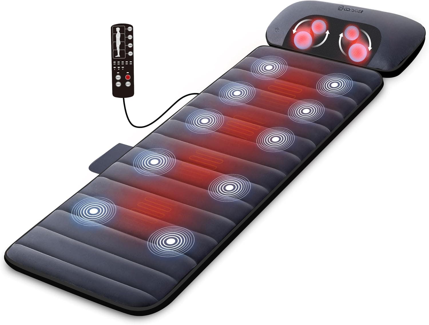 COMFIER Colchón Masaje De Cuerpo Completo Con Función De Calor, 10 Motores De Vibración Funda De Asiento De Masaje Con Almohada Shiatsu Ajustable Para El Cuello, Regalo Hombre Mujer