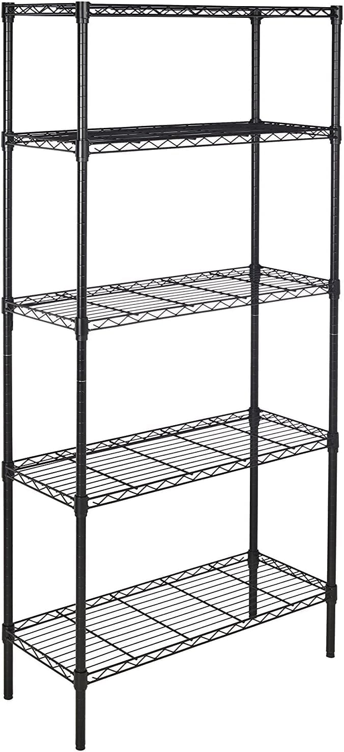 Amazon Basics Unidad de almacenamiento de 5 baldas con estantes ajustables en altura y patas niveladoras, peso máximo de 795 kg, Negro, 36 x 91 x 183cm (D x W x H)