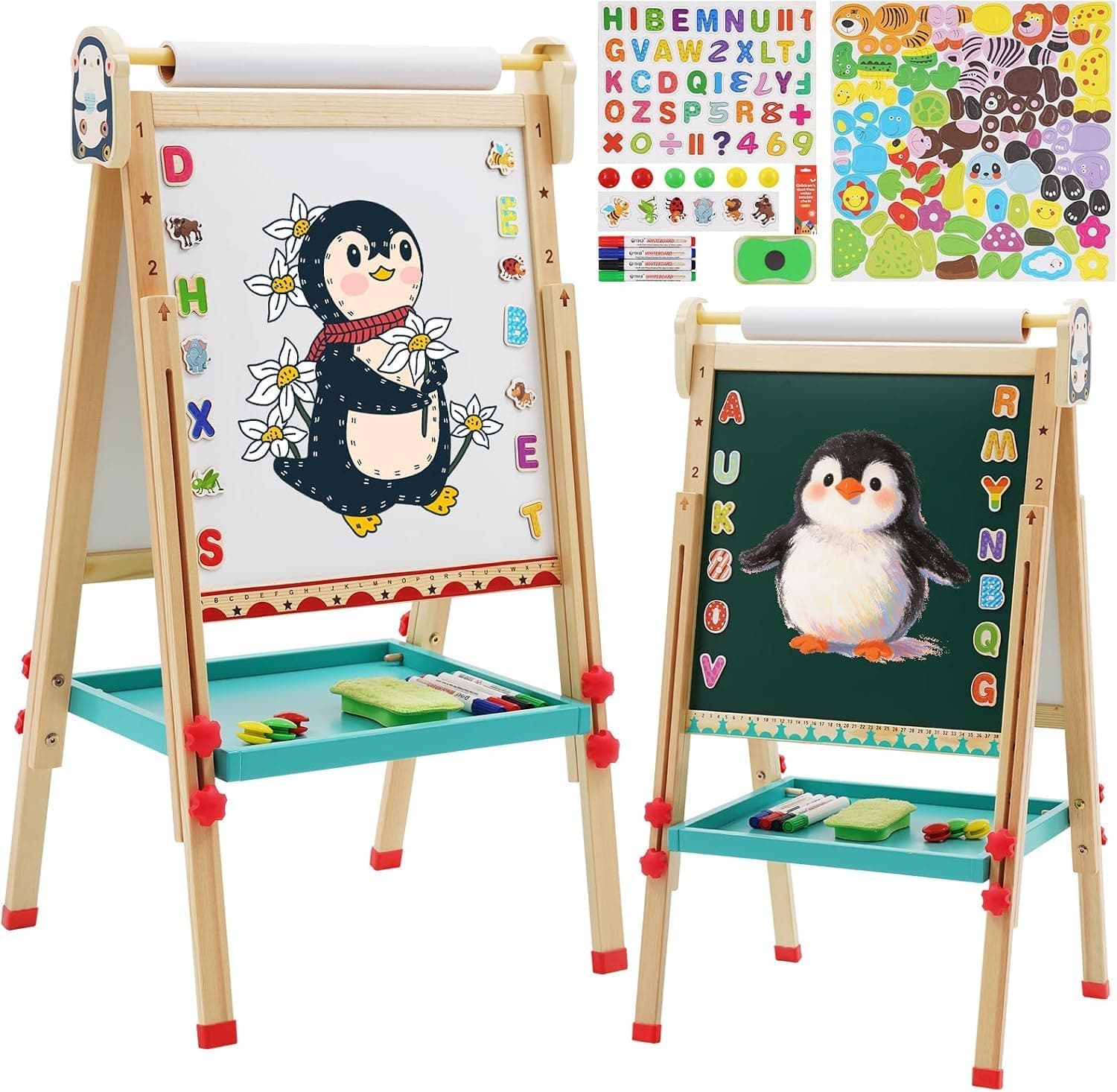 Caballete Infantil con Rollo de Papel,Caballete de Madera de Doble Cara,Pizarra Blanca y Pizarra Ajustable,Regalo de Cumpleaños para Niños y Niñas